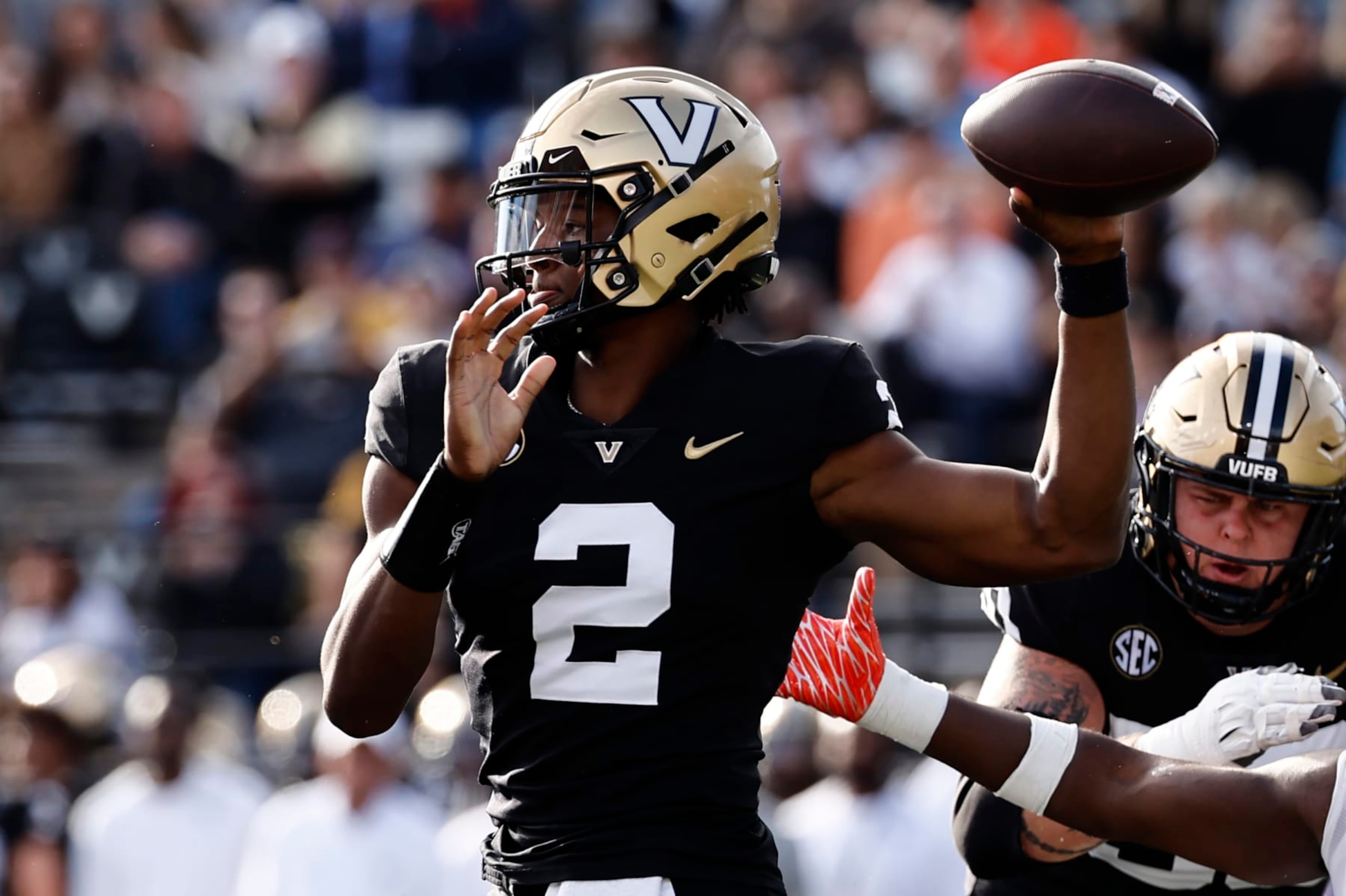 NASHVILLE, TENNESSEE - NOVEMBER 04: Walter Taylor #2 of the Vanderbilt Commodores drops back to throw a pass during the game against the Auburn Tigers at FirstBank Stadium on November 04, 2023 in Nashville, Tennessee. (Photo by Johnnie Izquierdo/Getty Images)