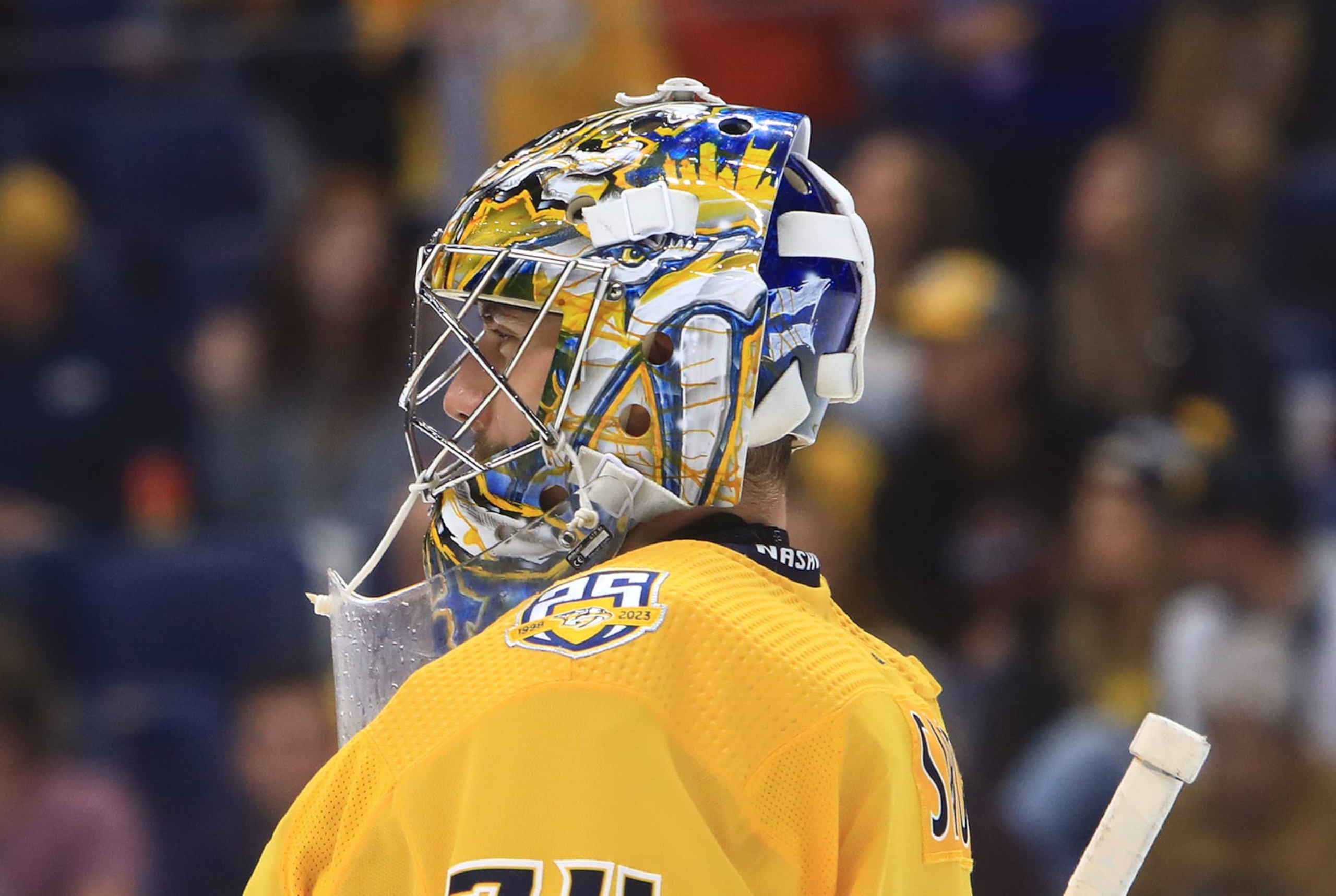 NASHVILLE, TN - NOVEMBER 20: The artwork on the mask of Nashville Predators goalie Juuse Saros (74) is shown during the NHL game between the Nashville Predators and Colorado Avalanche, held on November 20, 2023, at Bridgestone Arena in Nashville, Tennessee. (Photo by Danny Murphy/Icon Sportswire via Getty Images) NASHVILLE, TN - NOVEMBER 20: The artwork on the mask of Nashville Predators goalie Juuse Saros (74) is shown during the NHL game between the Nashville Predators and Colorado Avalanche, held on November 20, 2023, at Bridgestone Arena in Nashville, Tennessee. (Photo by Danny Murphy/Icon Sportswire via Getty Images)