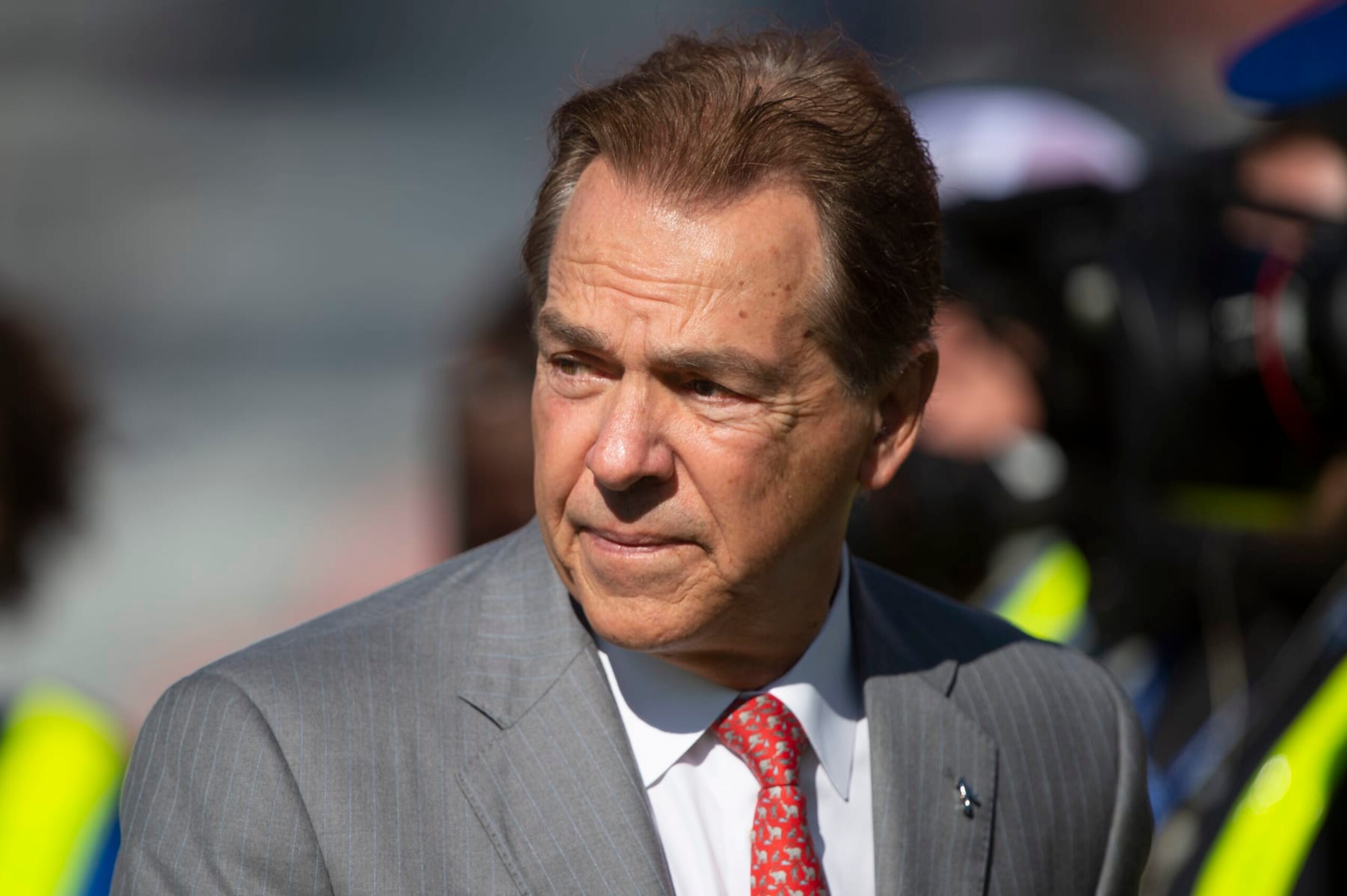 AUBURN, ALABAMA - NOVEMBER 25: Head coach Nick Saban of the Alabama Crimson Tide prior to their game against the Auburn Tigers at Jordan-Hare Stadium on November 25, 2023 in Auburn, Alabama. (Photo by Michael Chang/Getty Images)
