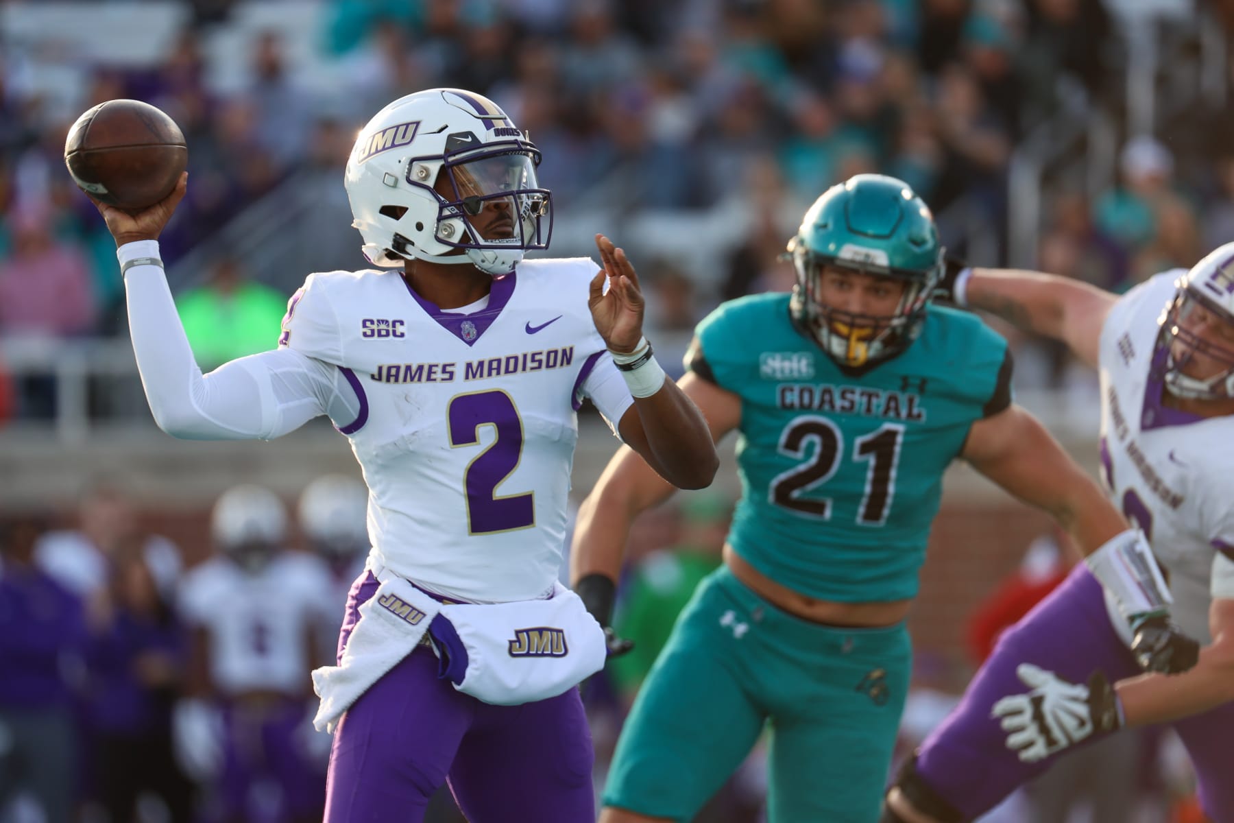 CONWAY, SOUTH CAROLINA - NOVEMBER 25: Reese White #2 of the Coastal Carolina Chanticleers throws the ball during the first half against the Coastal Carolina Chanticleers at Brooks Stadium on November 25, 2023 in Conway, South Carolina. (Photo by Isaiah Vazquez/Getty Images)