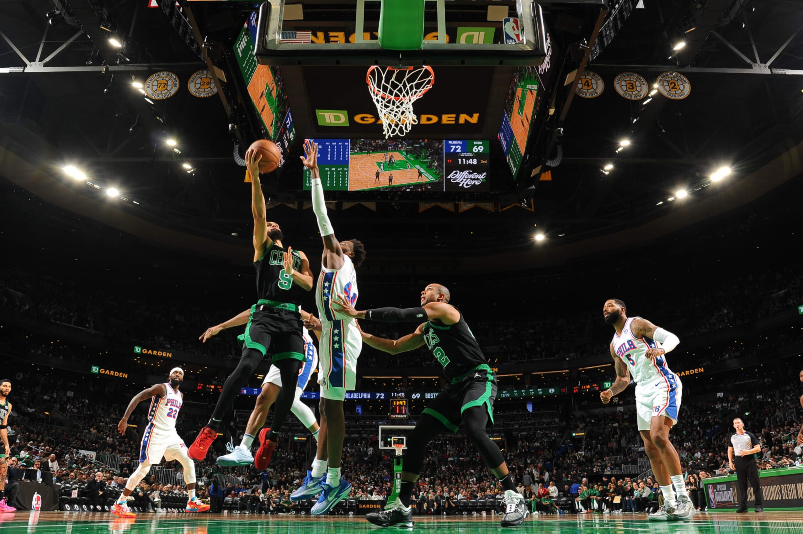 BOSTON, MA - DECEMBER 1: Derrick White #9 of the Boston Celtics drives to the basket during the game against the Philadelphia 76ers on December 1, 2023 at the TD Garden in Boston, Massachusetts. NOTE TO USER: User expressly acknowledges and agrees that, by downloading and or using this photograph, User is consenting to the terms and conditions of the Getty Images License Agreement. Mandatory Copyright Notice: Copyright 2023 NBAE (Photo by Brian Babineau/NBAE via Getty Images) BOSTON, MA - DECEMBER 1: Derrick White #9 of the Boston Celtics drives to the basket during the game against the Philadelphia 76ers on December 1, 2023 at the TD Garden in Boston, Massachusetts. NOTE TO USER: User expressly acknowledges and agrees that, by downloading and or using this photograph, User is consenting to the terms and conditions of the Getty Images License Agreement. Mandatory Copyright Notice: Copyright 2023 NBAE (Photo by Brian Babineau/NBAE via Getty Images)