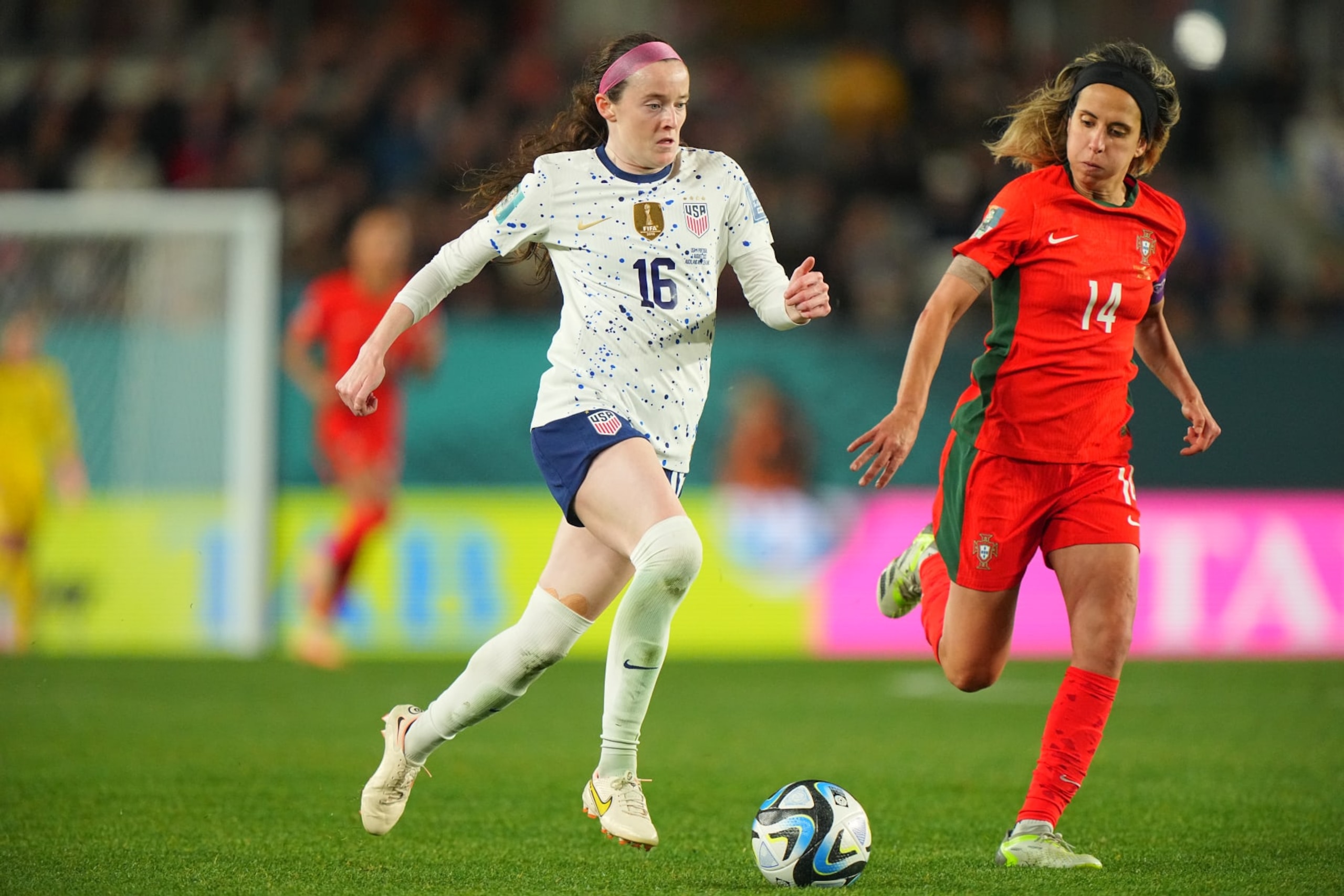 Soccer: FIFA World Cup: USA Rose Lavelle (16) in action, dribbles the ball vs Portugal during a Group E match at Eden Park. 
Auckland, NZ 8/1/2023 
CREDIT: Erick W. Rasco (Photo by Erick W. Rasco/Sports Illustrated via Getty Images) 
(Set Number: X164390 TK1)