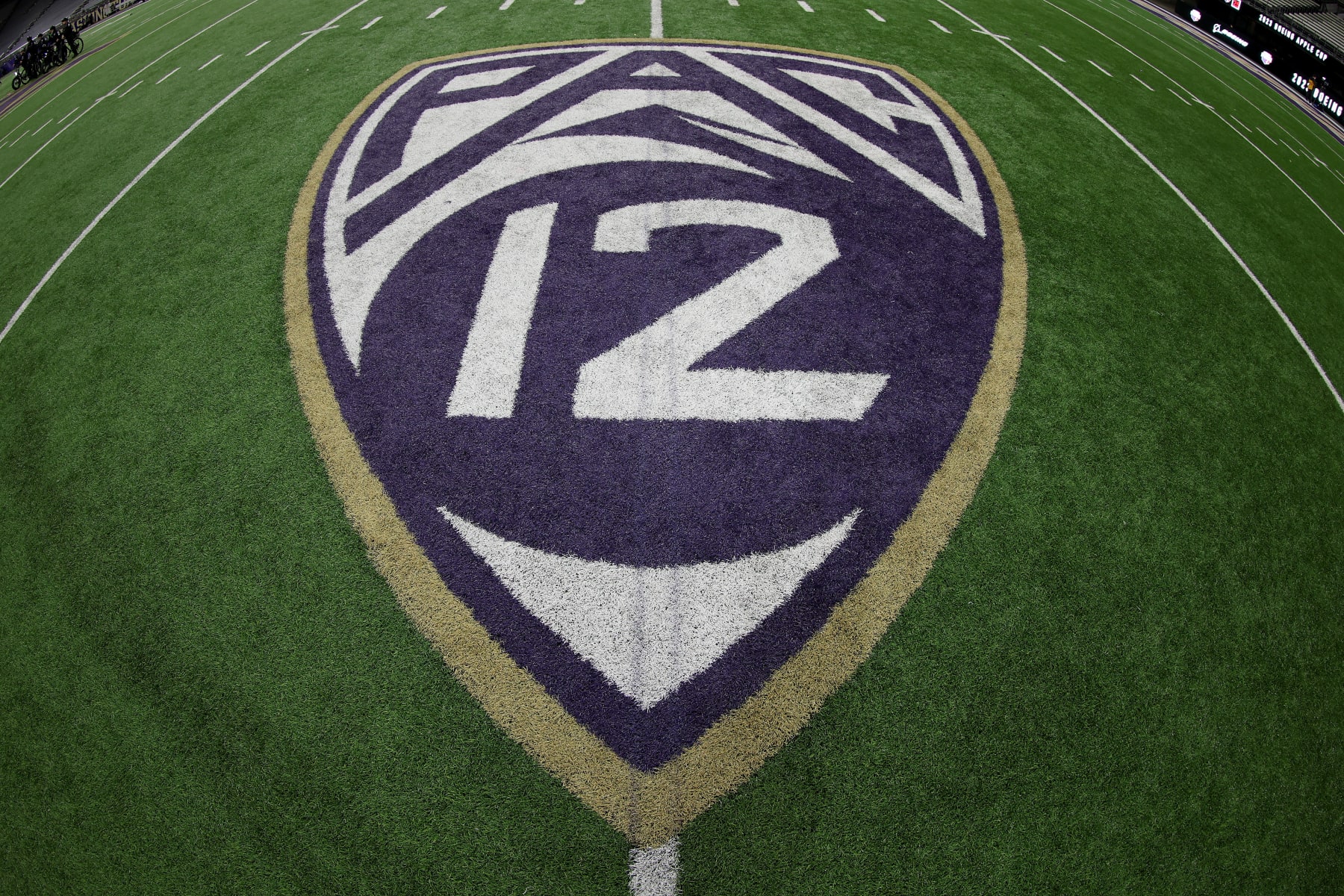SEATTLE, WASHINGTON - NOVEMBER 25: The Pac-12 logo is seen on the field after the 115th Apple Cup between the Washington Huskies and the Washington State Cougars at Husky Stadium on November 25, 2023 in Seattle, Washington. (Photo by Steph Chambers/Getty Images)