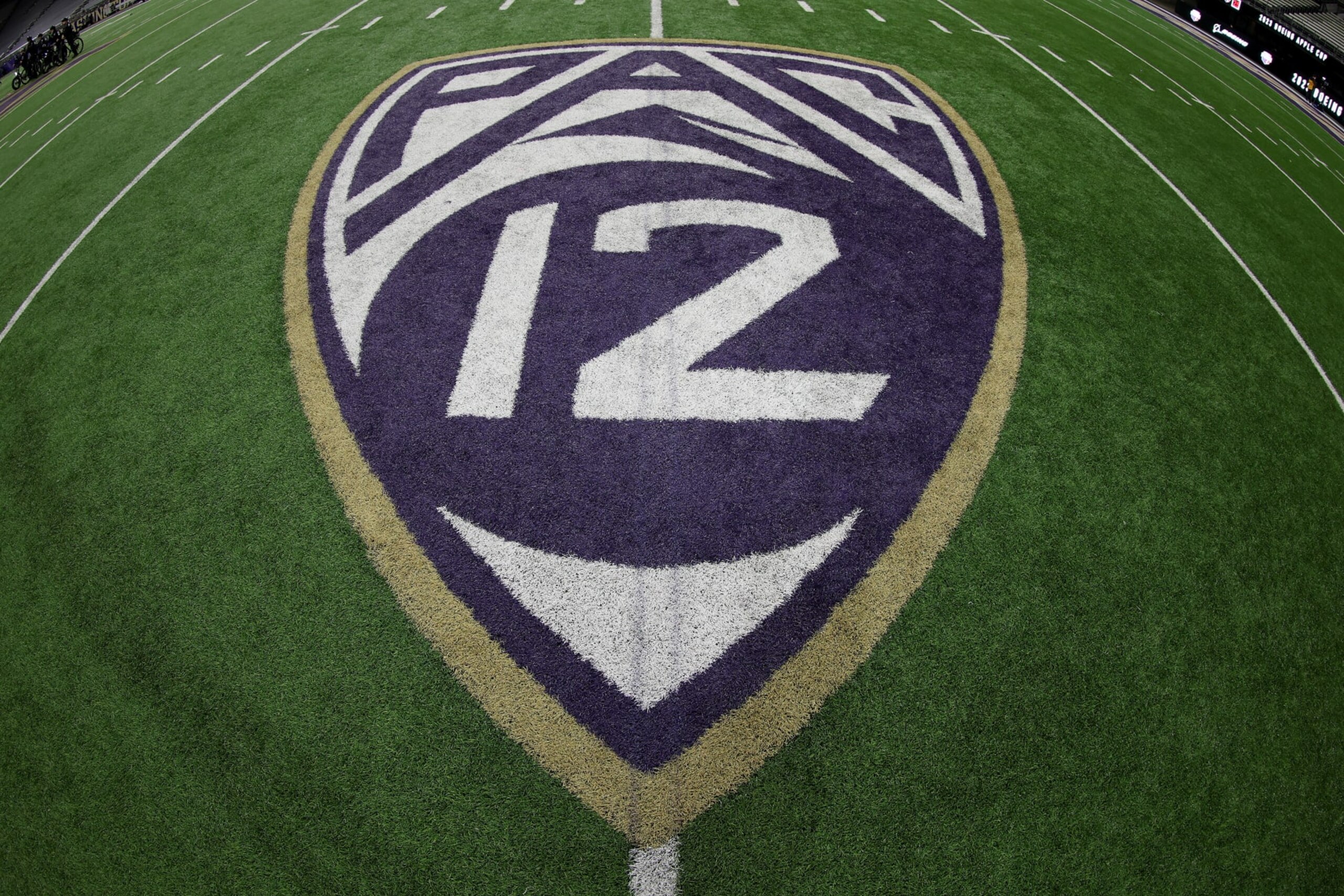 SEATTLE, WASHINGTON - NOVEMBER 25: The Pac-12 logo is seen on the field after the 115th Apple Cup between the Washington Huskies and the Washington State Cougars at Husky Stadium on November 25, 2023 in Seattle, Washington. (Photo by Steph Chambers/Getty Images) SEATTLE, WASHINGTON - NOVEMBER 25: The Pac-12 logo is seen on the field after the 115th Apple Cup between the Washington Huskies and the Washington State Cougars at Husky Stadium on November 25, 2023 in Seattle, Washington. (Photo by Steph Chambers/Getty Images)
