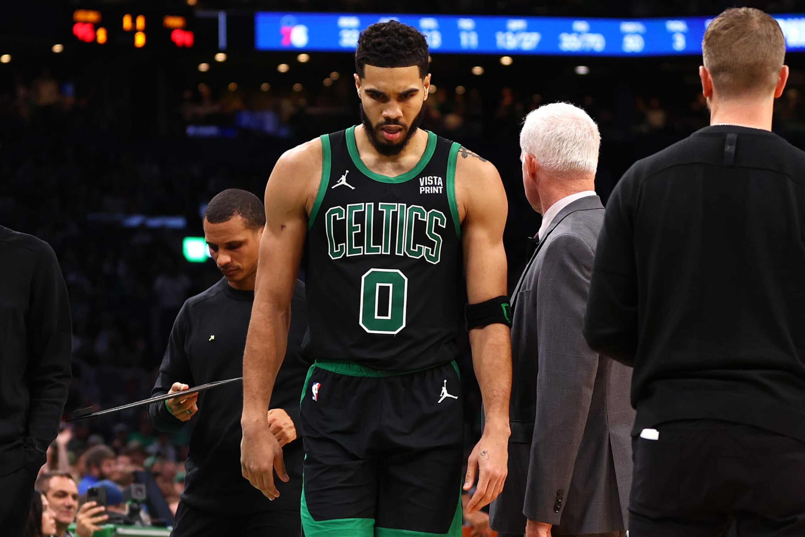 BOSTON, MASSACHUSETTS - DECEMBER 01: Jayson Tatum #0 of the Boston Celtics is ejected from the game against the Philadelphia 76ers after his second technical foul at TD Garden on December 01, 2023 in Boston, Massachusetts. The Celtics defeat the 76ers 125-119. NOTE TO USER: User expressly acknowledges and agrees that, by downloading and or using this photograph, User is consenting to the terms and conditions of the Getty Images License Agreement.  (Photo by Maddie Meyer/Getty Images)