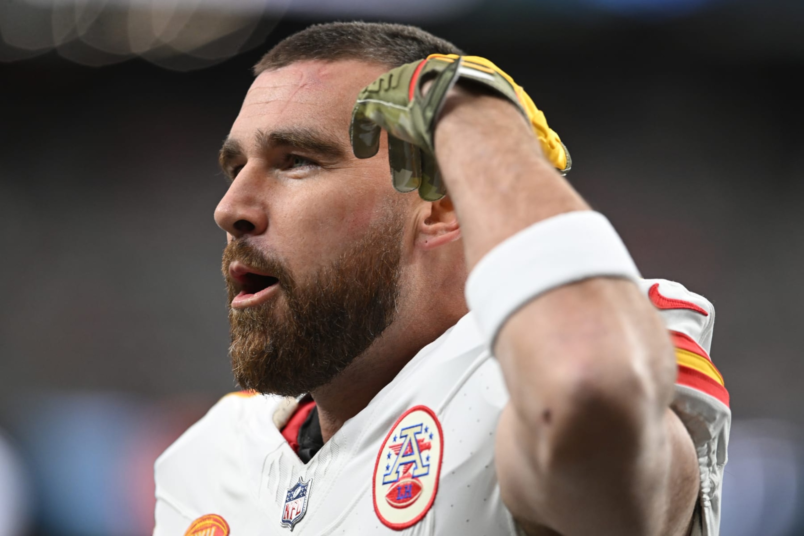 LAS VEGAS, NEVADA - NOVEMBER 26: Travis Kelce #87 of the Kansas City Chiefs warms up prior to a game against the Las Vegas Raiders at Allegiant Stadium on November 26, 2023 in Las Vegas, Nevada. (Photo by Candice Ward/Getty Images) LAS VEGAS, NEVADA - NOVEMBER 26: Travis Kelce #87 of the Kansas City Chiefs warms up prior to a game against the Las Vegas Raiders at Allegiant Stadium on November 26, 2023 in Las Vegas, Nevada. (Photo by Candice Ward/Getty Images)