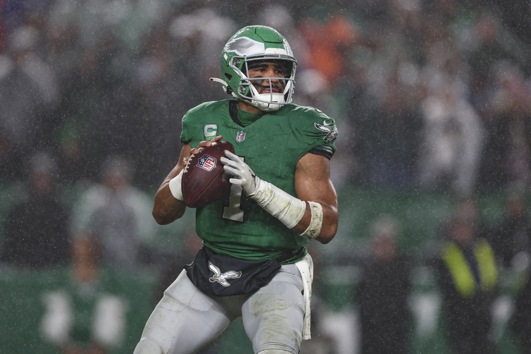 PHILADELPHIA, PA - NOVEMBER 26: Jalen Hurts #1 of the Philadelphia Eagles drops back to pass during an NFL football game against the Buffalo Bills at Lincoln Financial Field on November 26, 2023 in Philadelphia, Pennsylvania. (Photo by Perry Knotts/Getty Images)