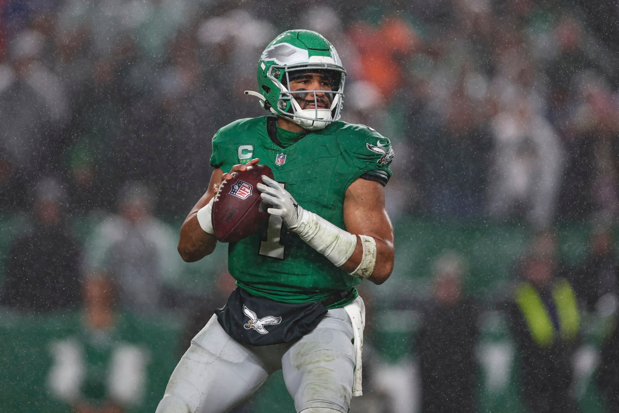 PHILADELPHIA, PA - NOVEMBER 26: Jalen Hurts #1 of the Philadelphia Eagles drops back to pass during an NFL football game against the Buffalo Bills at Lincoln Financial Field on November 26, 2023 in Philadelphia, Pennsylvania. (Photo by Perry Knotts/Getty Images) PHILADELPHIA, PA - NOVEMBER 26: Jalen Hurts #1 of the Philadelphia Eagles drops back to pass during an NFL football game against the Buffalo Bills at Lincoln Financial Field on November 26, 2023 in Philadelphia, Pennsylvania. (Photo by Perry Knotts/Getty Images)