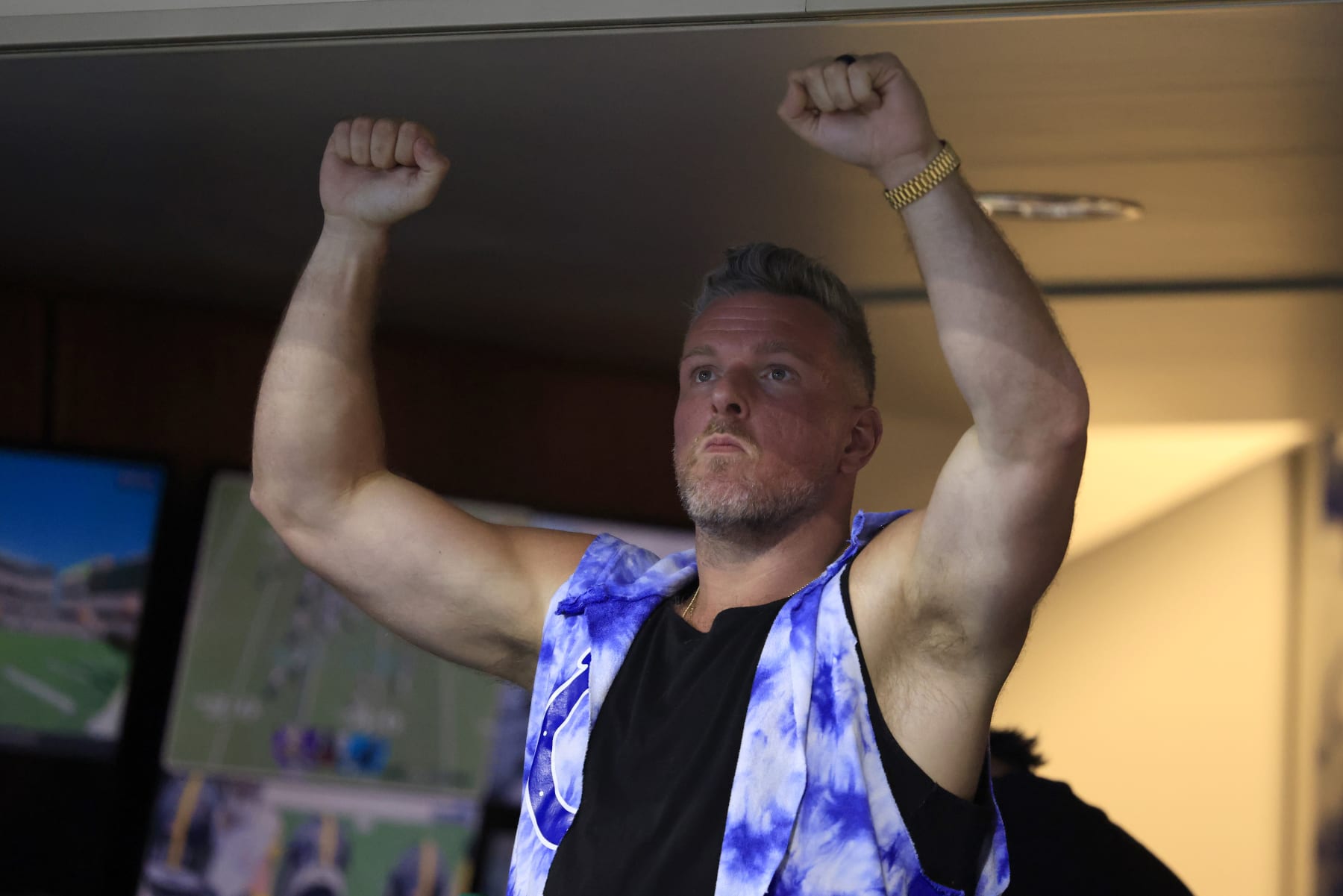 INDIANAPOLIS, INDIANA - OCTOBER 01: Pat McAfee reacts in the game between the Los Angeles Rams and the Indianapolis Colts at Lucas Oil Stadium on October 01, 2023 in Indianapolis, Indiana. (Photo by Justin Casterline/Getty Images)