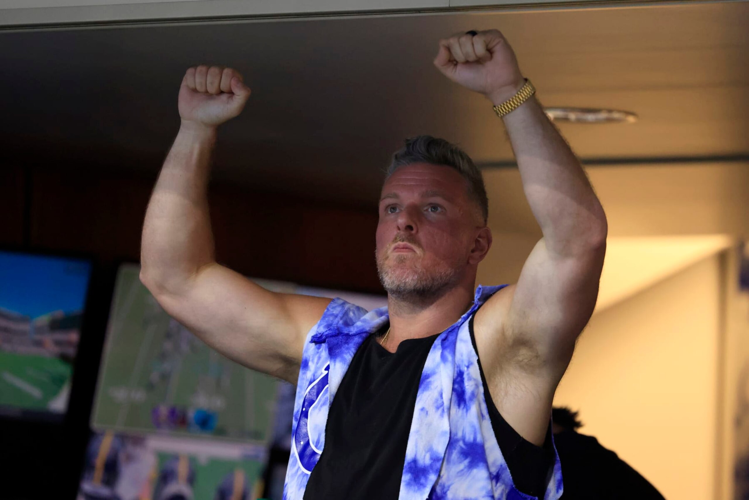 INDIANAPOLIS, INDIANA - OCTOBER 01: Pat McAfee reacts in the game between the Los Angeles Rams and the Indianapolis Colts at Lucas Oil Stadium on October 01, 2023 in Indianapolis, Indiana. (Photo by Justin Casterline/Getty Images)