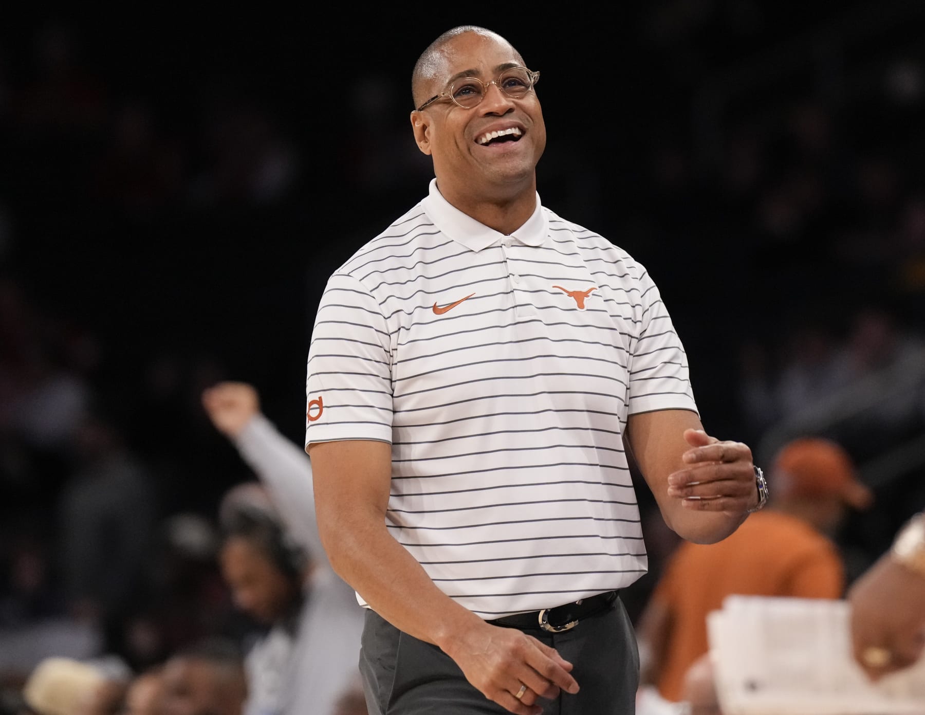 NEW YORK, NY - NOVEMBER 19:  Head coach Rodney Terry of the Texas Longhorns during the second half against the Louisville Cardinals in the Saatva Empire Classic at Madison Square Garden on November, 19, 2023 in New York City. Texas won 81-80. (Photo by Porter Binks/Getty Images).