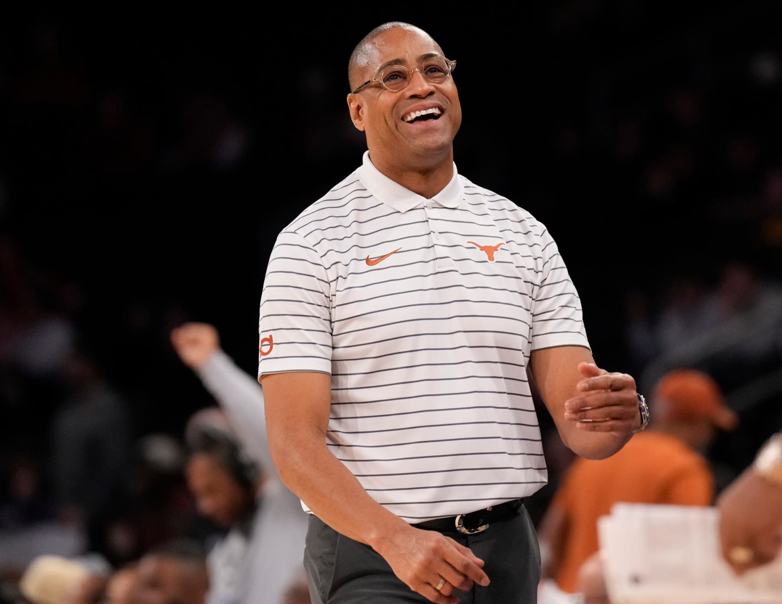 NEW YORK, NY - NOVEMBER 19:  Head coach Rodney Terry of the Texas Longhorns during the second half against the Louisville Cardinals in the Saatva Empire Classic at Madison Square Garden on November, 19, 2023 in New York City. Texas won 81-80. (Photo by Porter Binks/Getty Images).