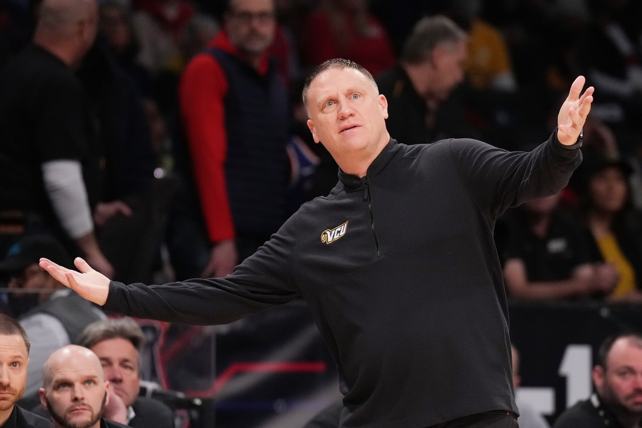 NEW YORK, NEW YORK - MARCH 12: Head coach Mike Rhoades of the Virginia Commonwealth Rams reacts in the first half during the A10 Basketball Tournament Championship game against the Dayton Flyers at Barclays Center on March 12, 2023 in New York City. (Photo by Mike Stobe/Getty Images)