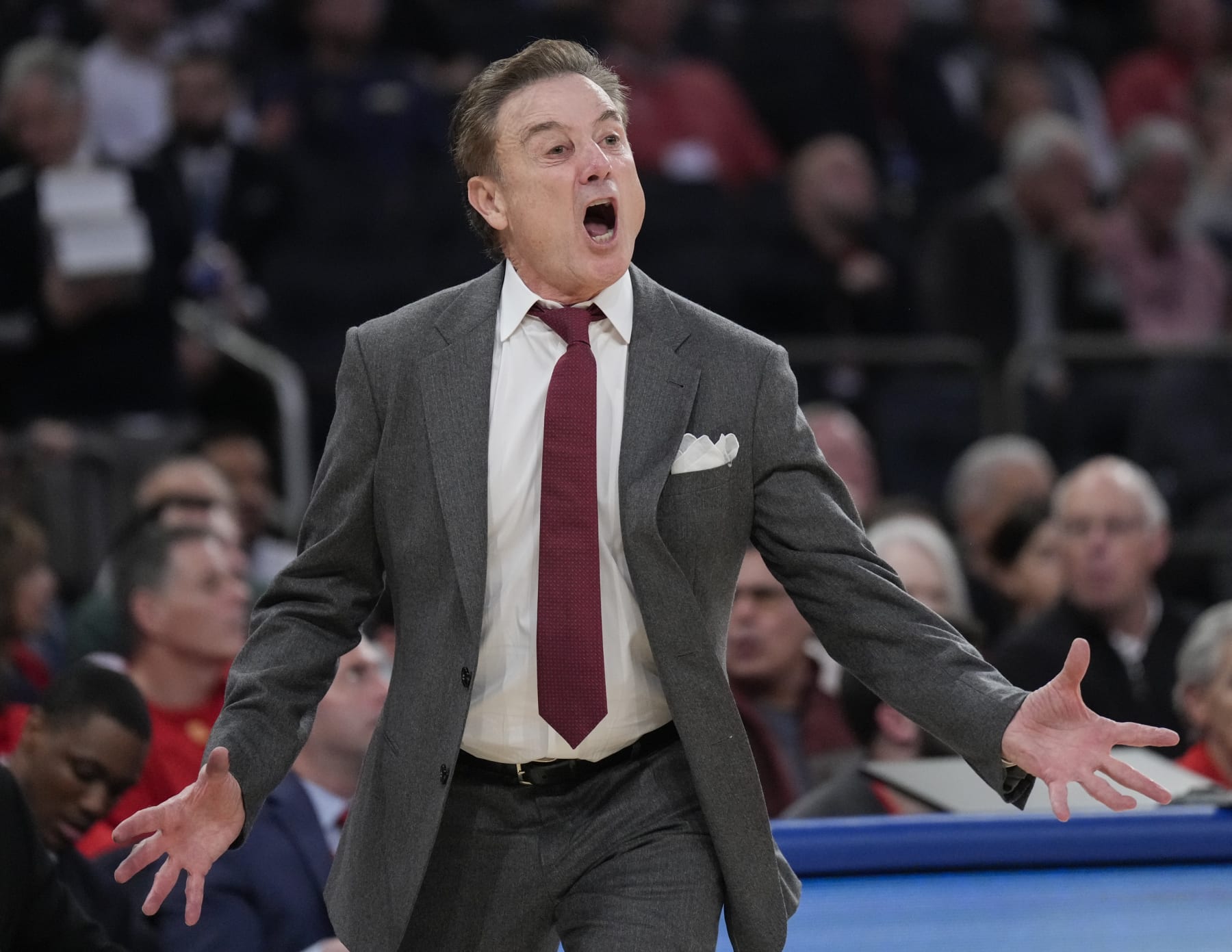 NEW YORK, NY - NOVEMBER 13: Head coach Rick Pitino of the St. John's Red Storm shouts during the first half of the game against the Michigan Wolverines at Madison Square Garden on November, 13  2023 in New York City. (Photo by Porter Binks/Getty Images).
