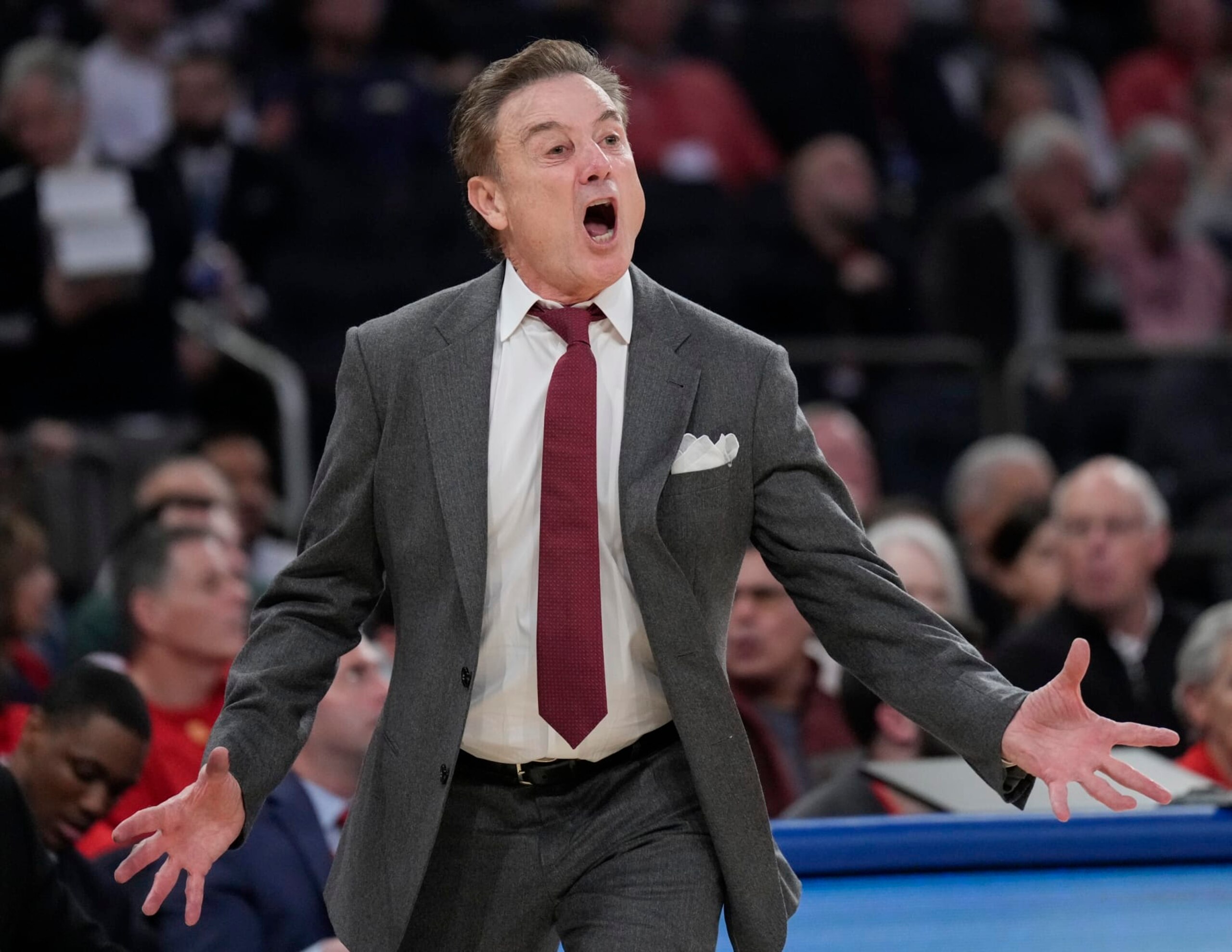 NEW YORK, NY - NOVEMBER 13: Head coach Rick Pitino of the St. John's Red Storm shouts during the first half of the game against the Michigan Wolverines at Madison Square Garden on November, 13  2023 in New York City. (Photo by Porter Binks/Getty Images).
