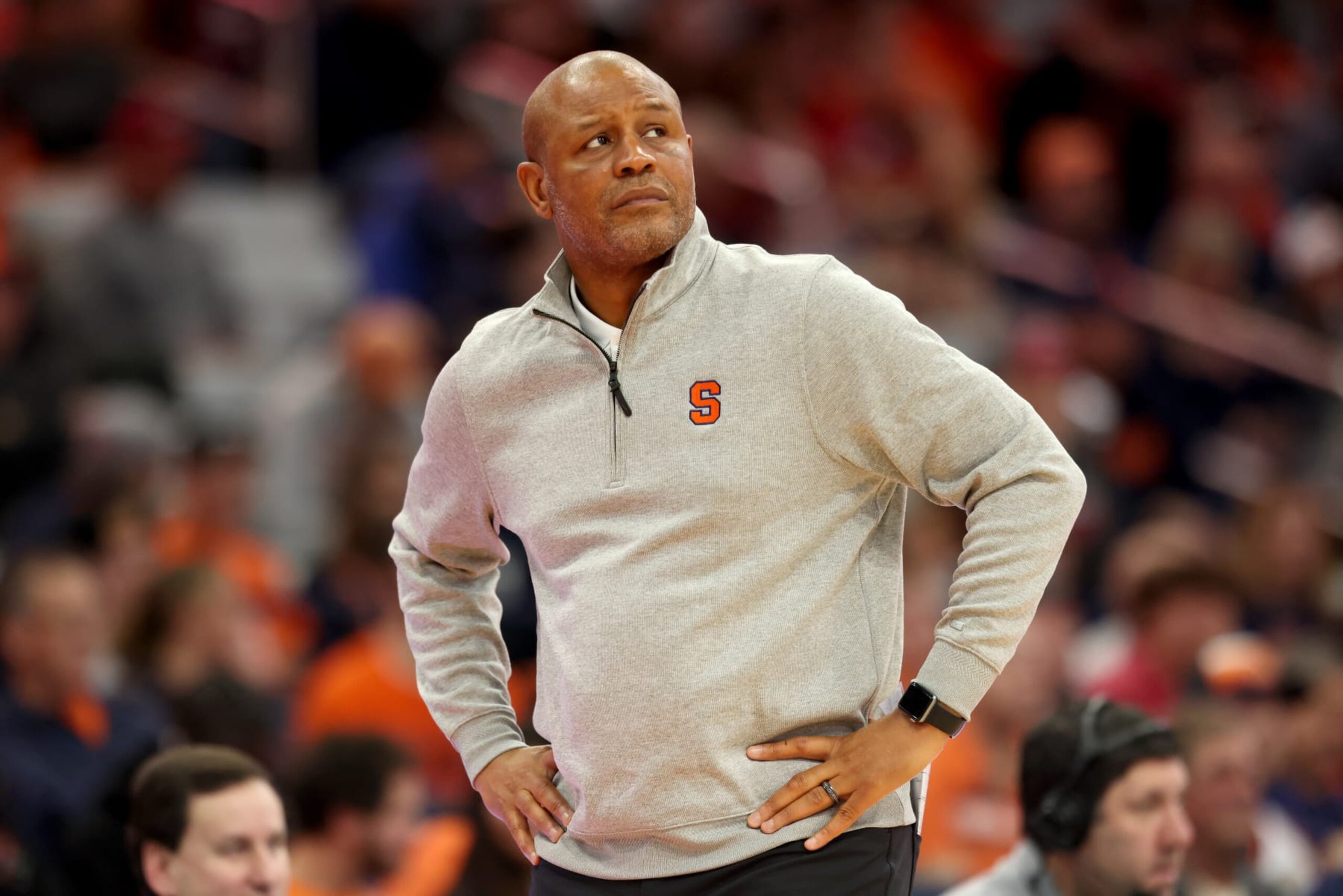 SYRACUSE, NEW YORK - NOVEMBER 14: Head Coach Adrian Autry of the Syracuse Orange looks on during the second half against the Colgate Raiders  at JMA Wireless Dome on November 14, 2023 in Syracuse, New York. (Photo by Bryan M. Bennett/Getty Images)
