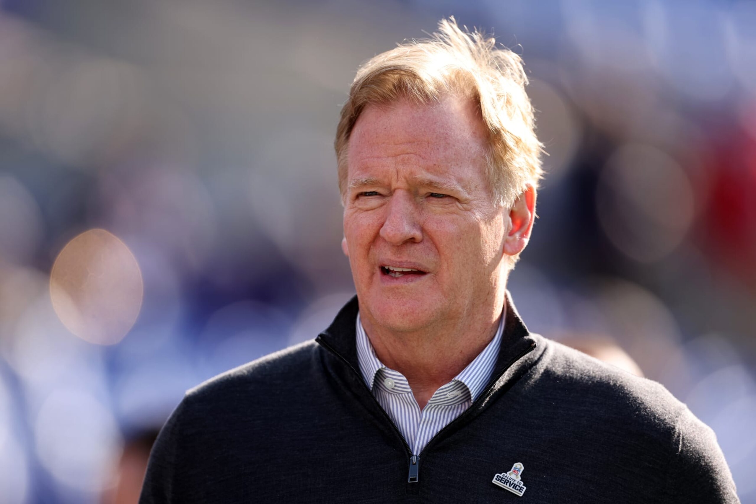 BALTIMORE, MARYLAND - NOVEMBER 12: NFL Commissioner 
Roger Goodell before the game between the Baltimore Ravens and the Cleveland Browns at M&T Bank Stadium on November 12, 2023 in Baltimore, Maryland. (Photo by Scott Taetsch/Getty Images)