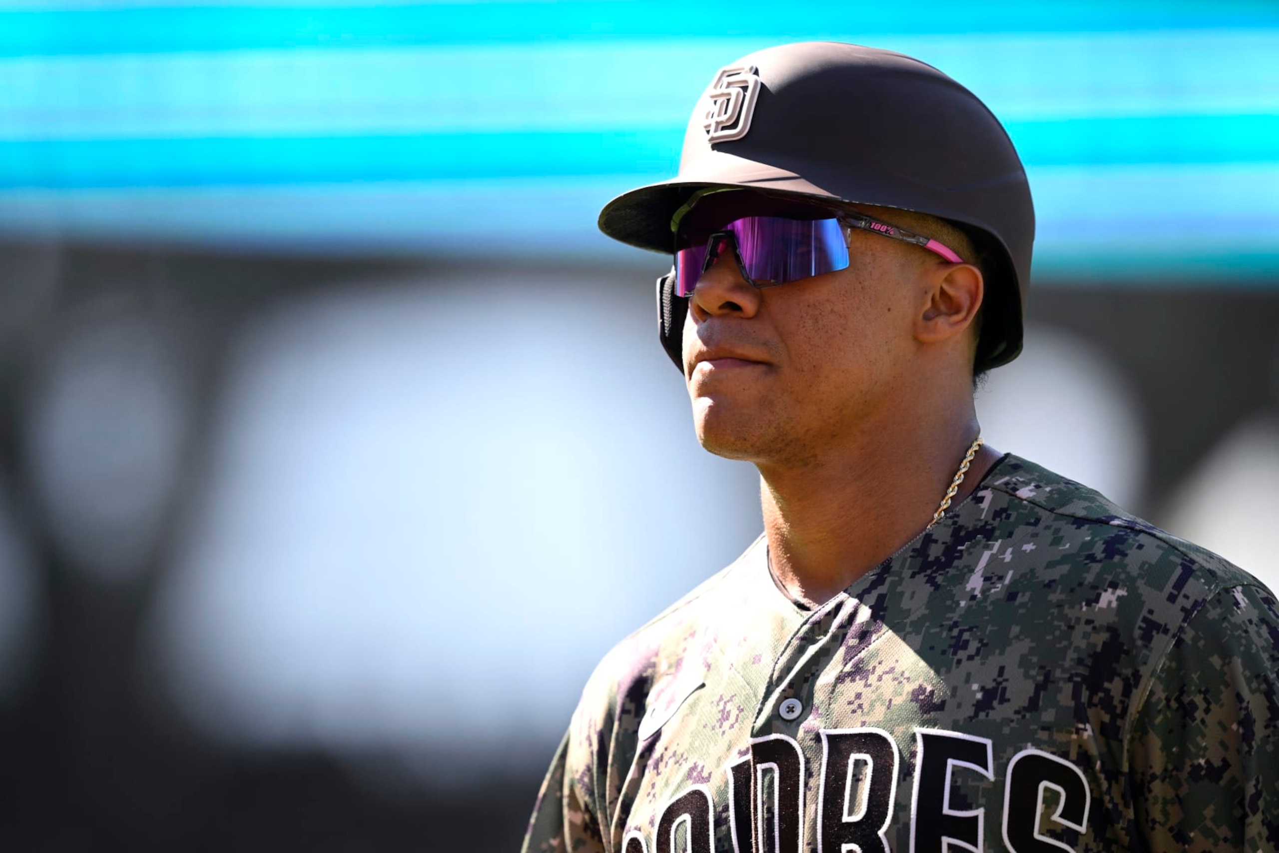SAN DIEGO, CALIFORNIA - SEPTEMBER 24: Juan Soto #22 of the San Diego Padres looks on against the St. Louis Cardinals at PETCO Park on September 24, 2023 in San Diego, California. (Photo by Orlando Ramirez/Getty Images)