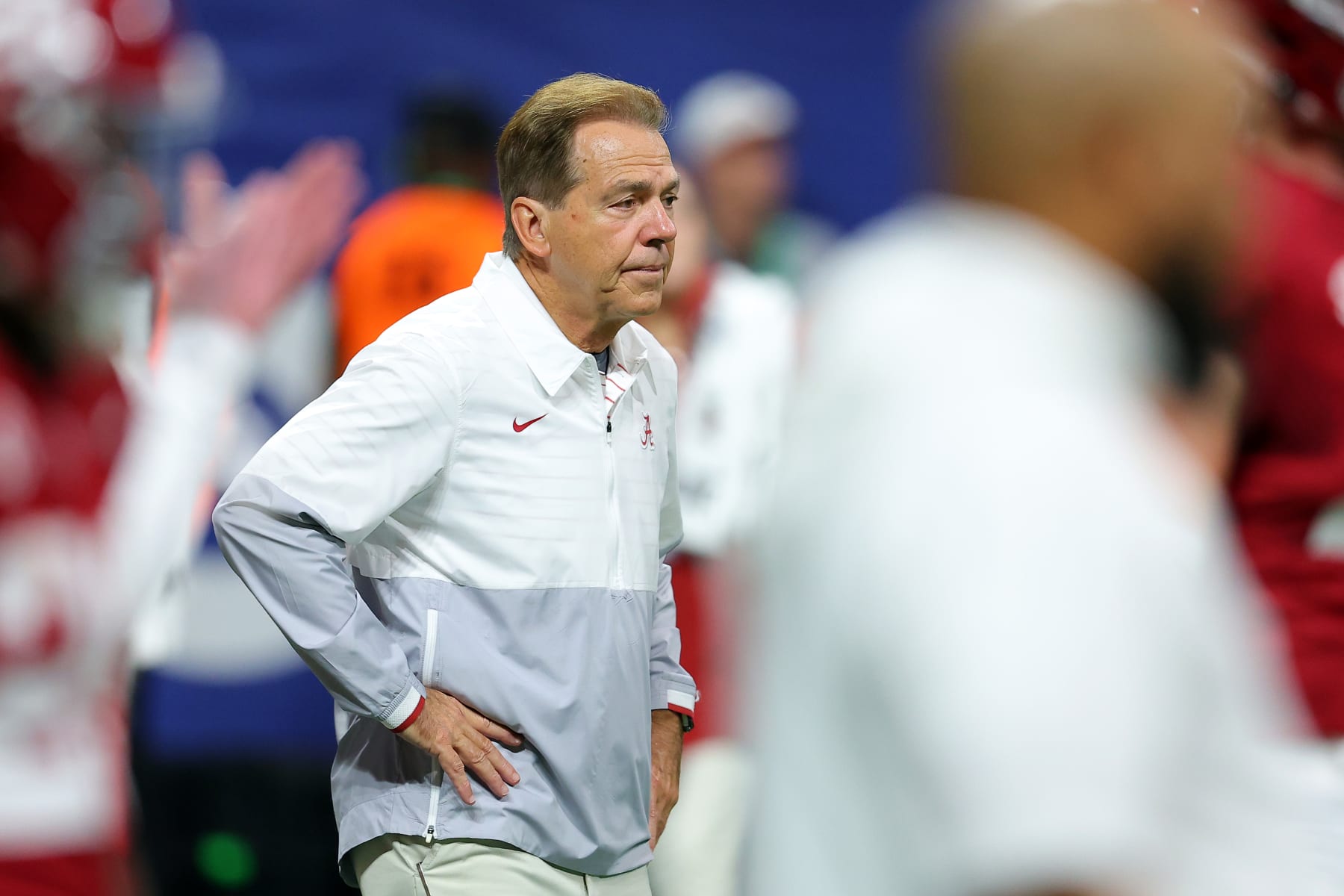 ATLANTA, GEORGIA - DECEMBER 02: Head coach Nick Saban of the Alabama Crimson Tide looks on prior to the SEC Championship game against the Georgia Bulldogs at Mercedes-Benz Stadium on December 02, 2023 in Atlanta, Georgia. (Photo by Kevin C. Cox/Getty Images)