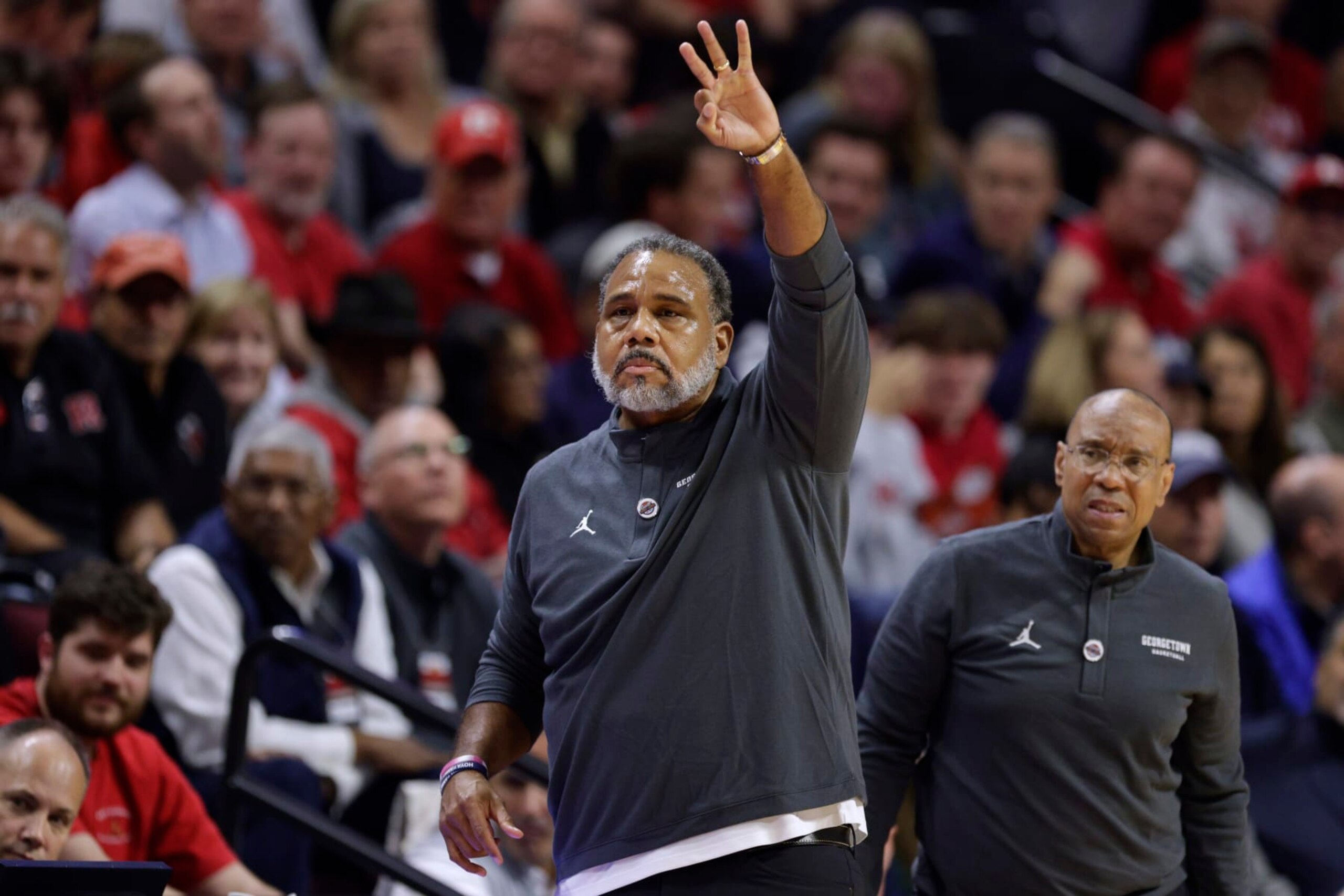PISCATAWAY, NEW JERSEY - NOVEMBER 15: Head coach Ed Cooley of the Georgetown Hoyas reacts to a foul during the second half of a game against the Rutgers Scarlet Knights at Jersey Mike's Arena on November 15, 2023 in Piscataway, New Jersey. Rutgers defeated Georgetown 71-60. (Photo by Rich Schultz/Getty Images)