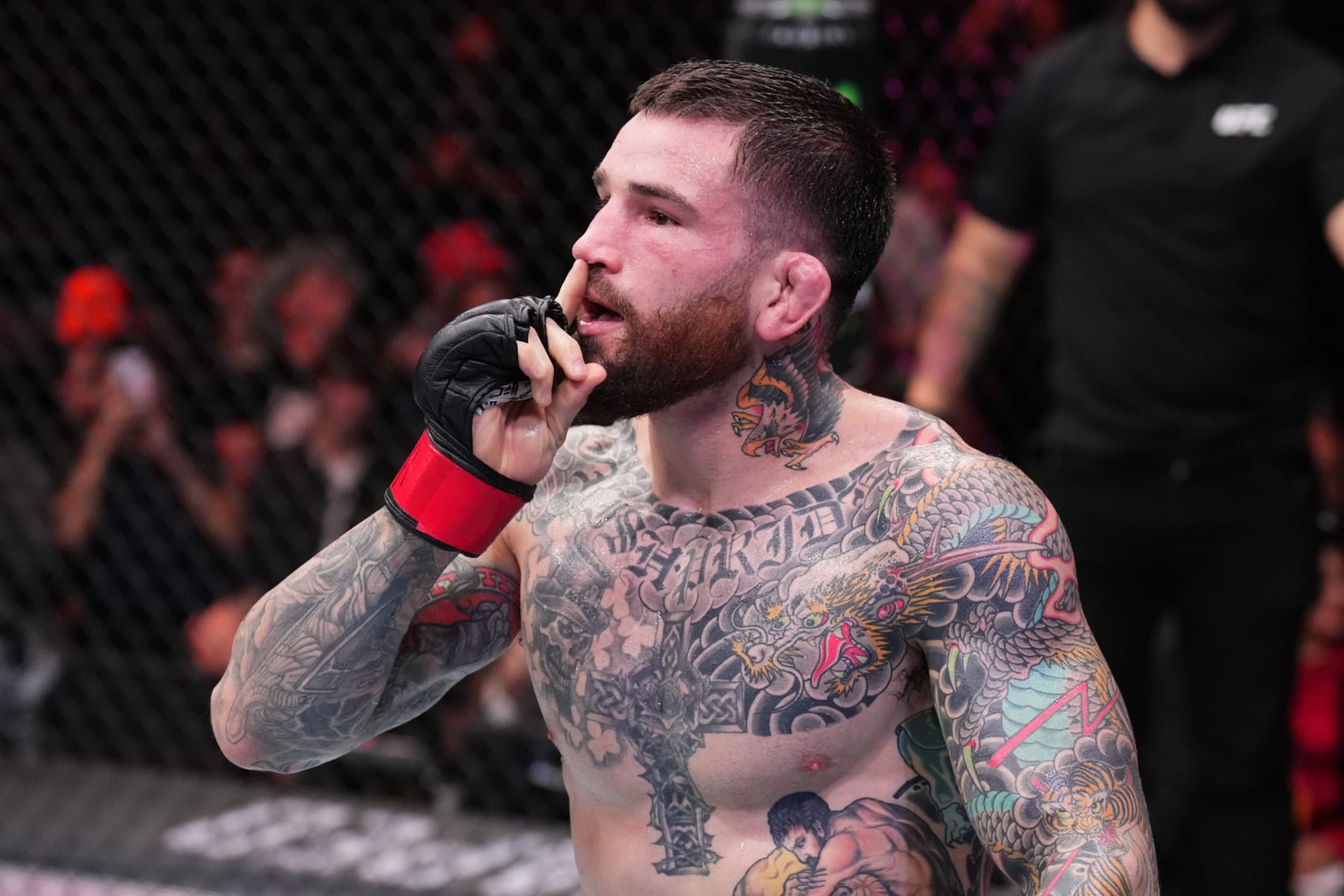 AUSTIN, TEXAS - DECEMBER 02:  Sean Brady reacts after his submission victory over Kelvin Gastelum in a welterweight fight during the UFC Fight Night event at Moody Center on December 02, 2023 in Austin, Texas. (Photo by Josh Hedges/Zuffa LLC via Getty Images)