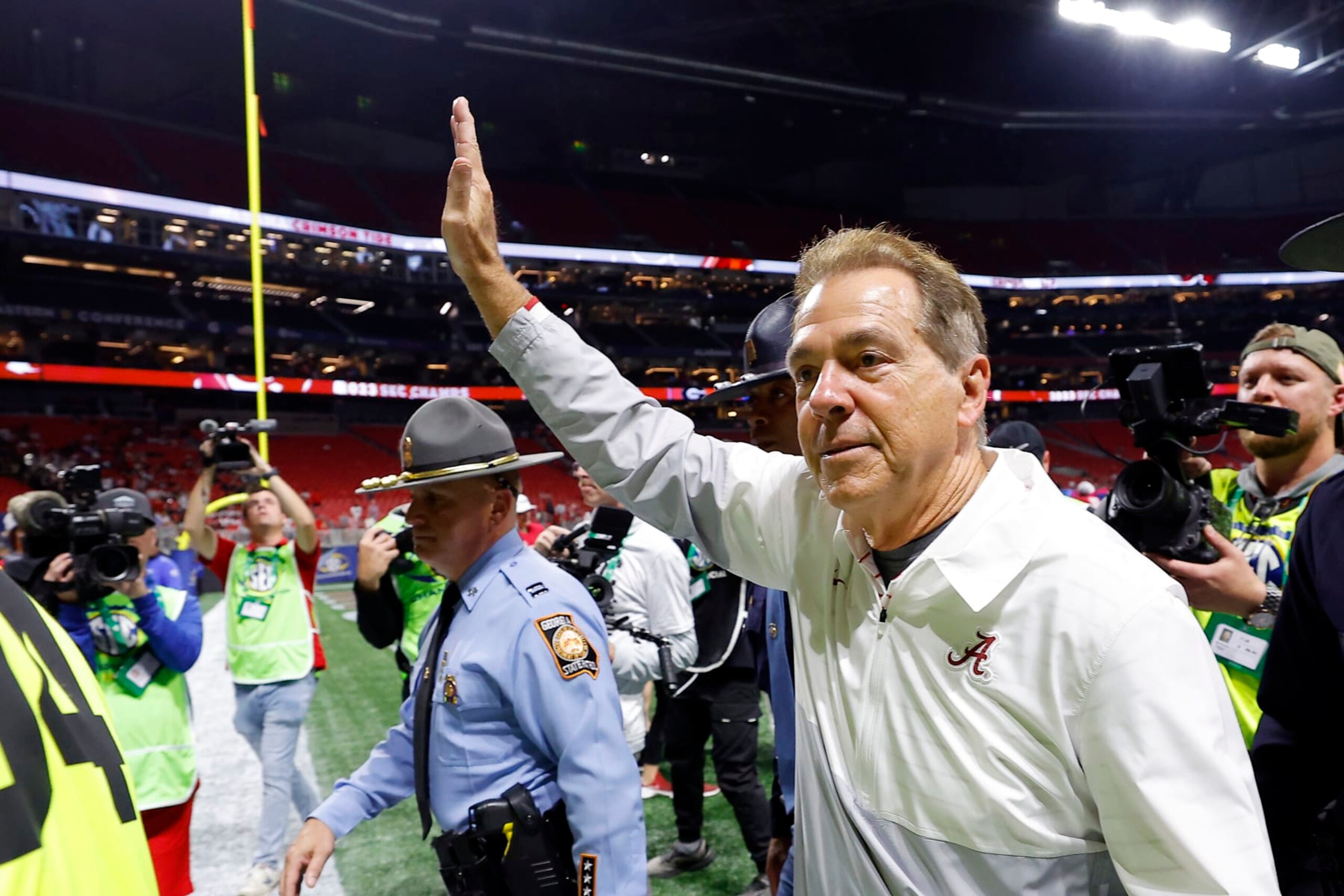 ATLANTA, GEORGIA - DECEMBER 02: Head coach Nick Saban of the Alabama Crimson Tide celebrates after defeating the Georgia Bulldogs 27-24 in the SEC Championship at Mercedes-Benz Stadium on December 02, 2023 in Atlanta, Georgia. (Photo by Todd Kirkland/Getty Images) ATLANTA, GEORGIA - DECEMBER 02: Head coach Nick Saban of the Alabama Crimson Tide celebrates after defeating the Georgia Bulldogs 27-24 in the SEC Championship at Mercedes-Benz Stadium on December 02, 2023 in Atlanta, Georgia. (Photo by Todd Kirkland/Getty Images)