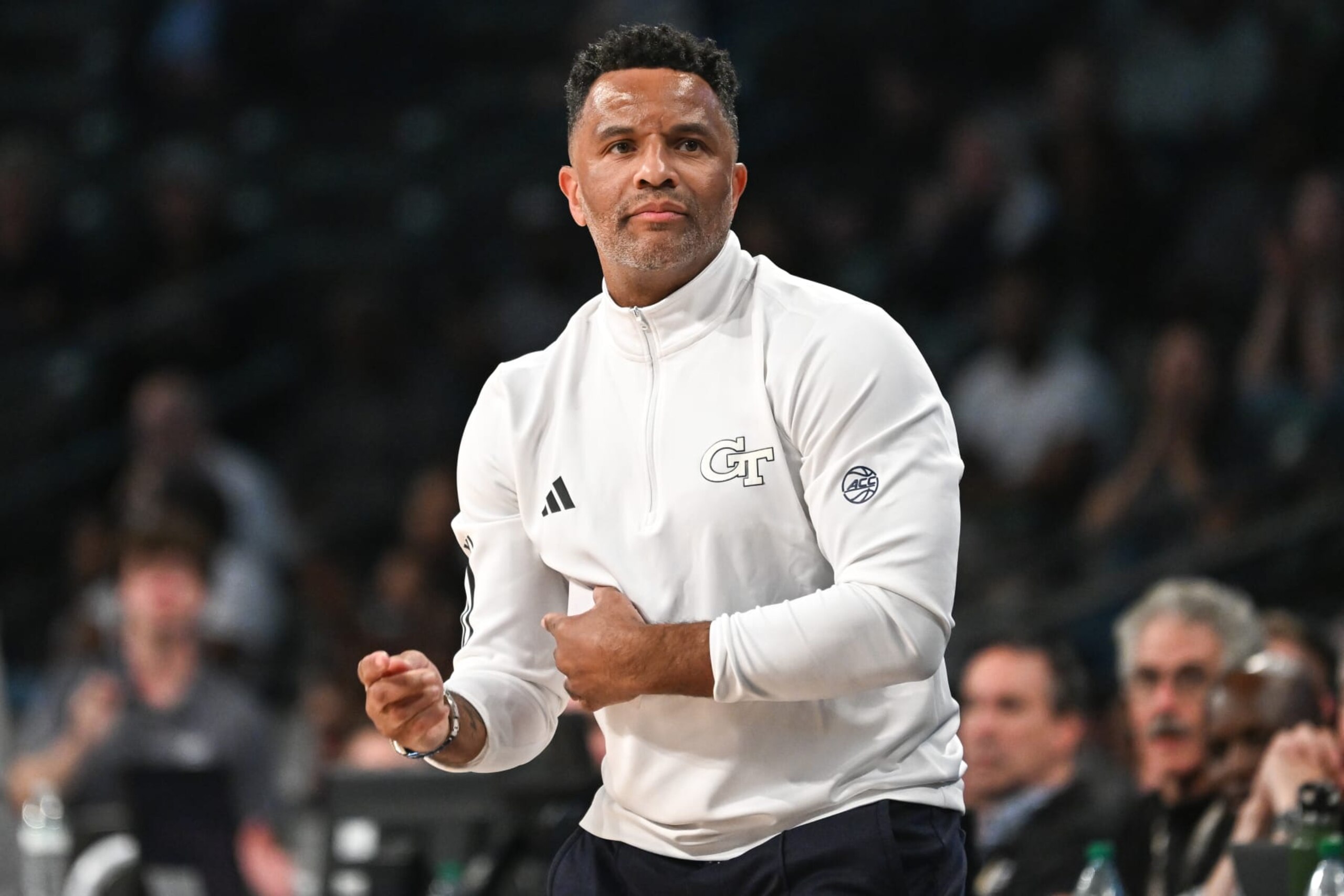 ATLANTA, GA  NOVEMBER 06:  Georgia Tech head coach Damon Stoudamire reacts during the college basketball game between the Georgia Southern Eagles and the Georgia Tech Yellow Jackets on November 6th, 2023 at Hank McCamish Pavilion in Atlanta, GA.  (Photo by Rich von Biberstein/Icon Sportswire via Getty Images)