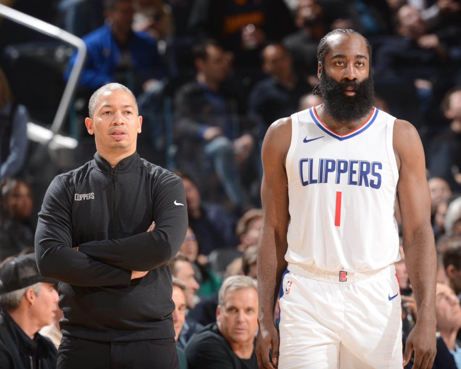 SAN FRANCISCO, CA - NOVEMBER 30:  James Harden #1 of the LA Clippers & Head Coach Tyronn Lue of the LA Clippers looks on during the game on November 30, 2023 at Chase Center in San Francisco, California. NOTE TO USER: User expressly acknowledges and agrees that, by downloading and or using this photograph, user is consenting to the terms and conditions of Getty Images License Agreement. Mandatory Copyright Notice: Copyright 2023 NBAE (Photo by Noah Graham/NBAE via Getty Images)