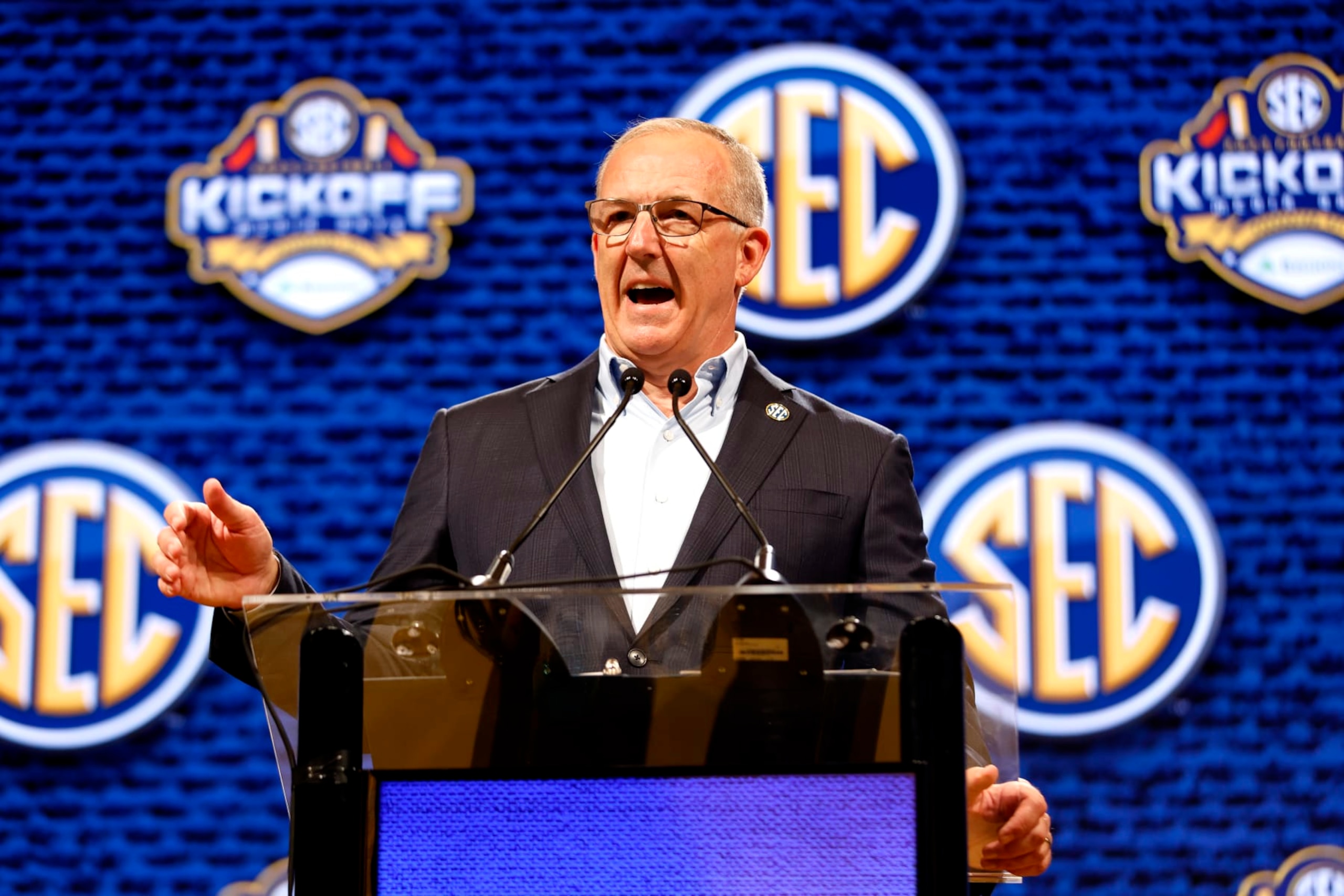 NASHVILLE, TENNESSEE - JULY 17: SEC Commissioner Greg Sankey speaks during Day One of 2023 SEC Media Days at Grand Hyatt Nashville on July 17, 2023 in Nashville, Tennessee. (Photo by Johnnie Izquierdo/Getty Images)