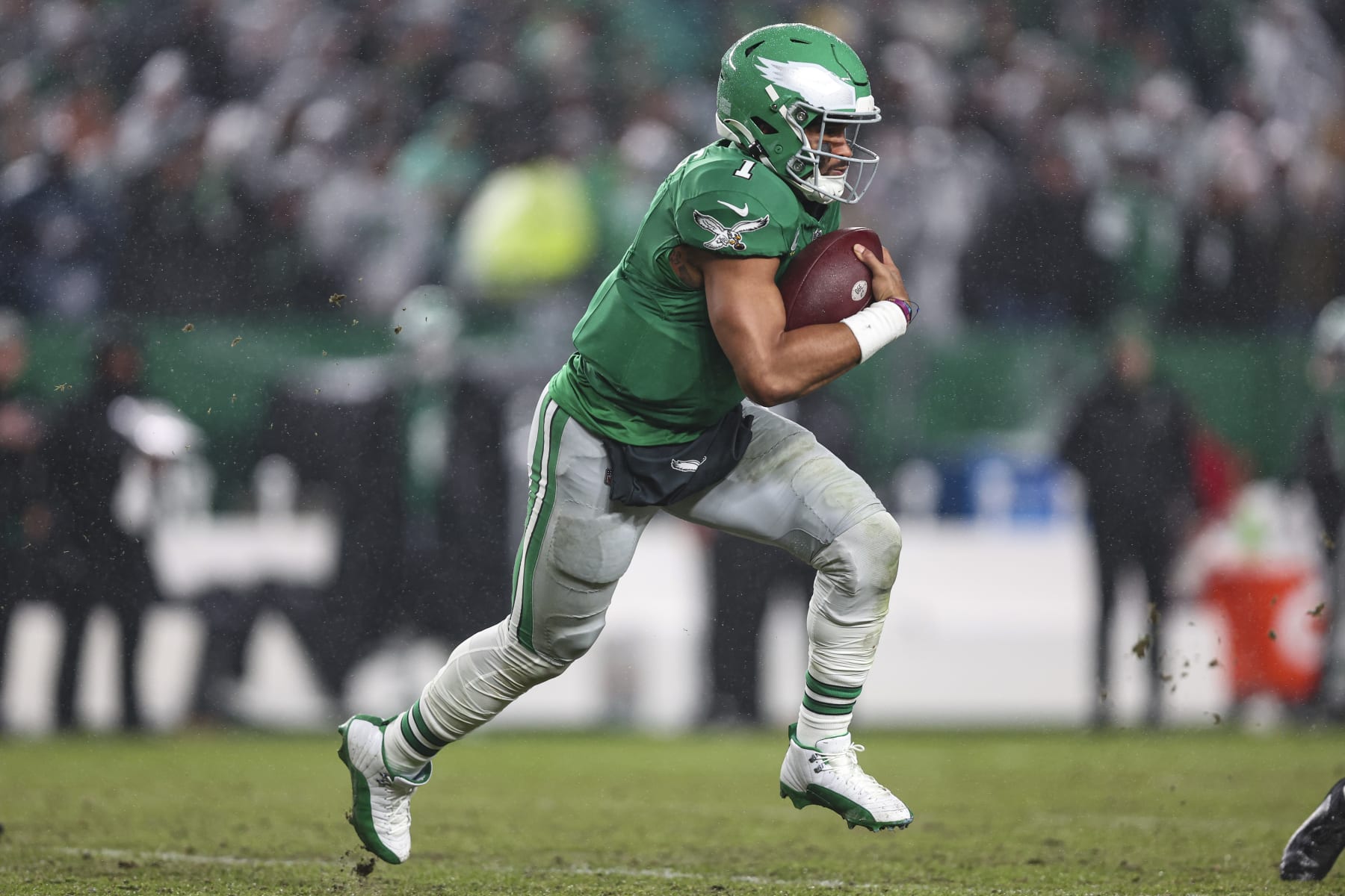 PHILADELPHIA, PA - NOVEMBER 26: Jalen Hurts #1 of the Philadelphia Eagles runs the ball during an NFL football game against the Buffalo Bills at Lincoln Financial Field on November 26, 2023 in Philadelphia, Pennsylvania. (Photo by Perry Knotts/Getty Images)