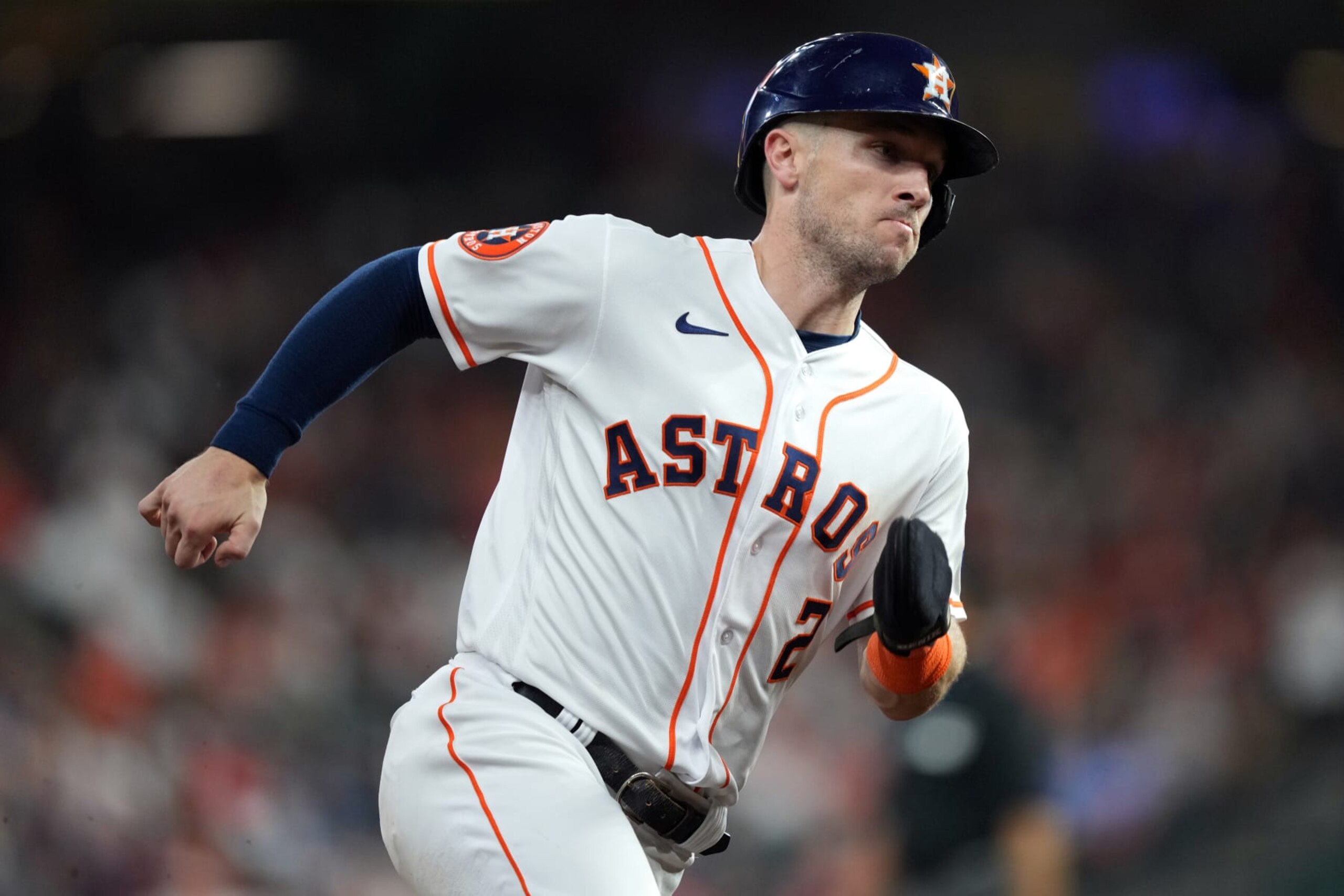 HOUSTON, TX - OCTOBER 23: Alex Bregman #2 of the Houston Astros rounds the bases to score on a single by Yordan Alvarez #44 in the seventh inning during Game 7 of the ALCS between the Texas Rangers and the Houston Astros at Minute Maid Park on Monday, October 23, 2023 in Houston, Texas. (Photo by Alex Bierens de Haan/MLB Photos via Getty Images)
