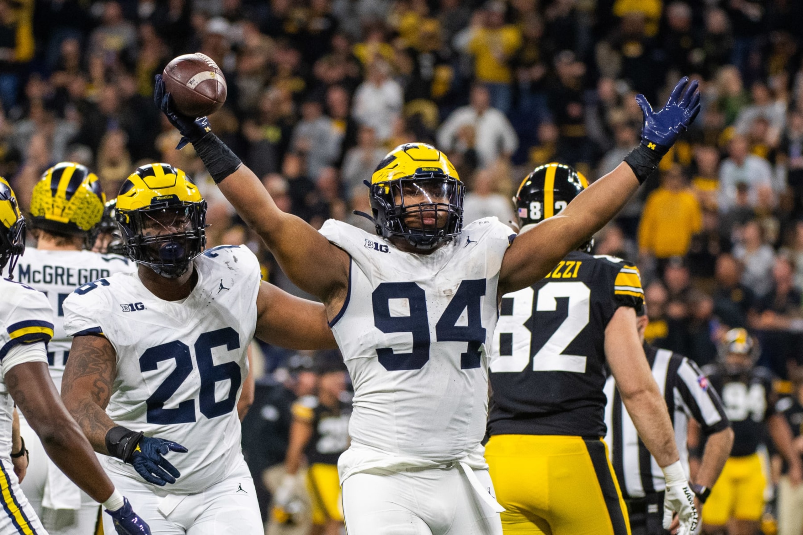 INDIANAPOLIS, INDIANA - DECEMBER 02: Kris Jenkins #94 of the Michigan Wolverines reacts after recovering a fumble during the first half of the Big Ten Championship against the Iowa Hawkeyes at Lucas Oil Stadium on December 02, 2023 in Indianapolis, Indiana. (Photo by Aaron J. Thornton/Getty Images)