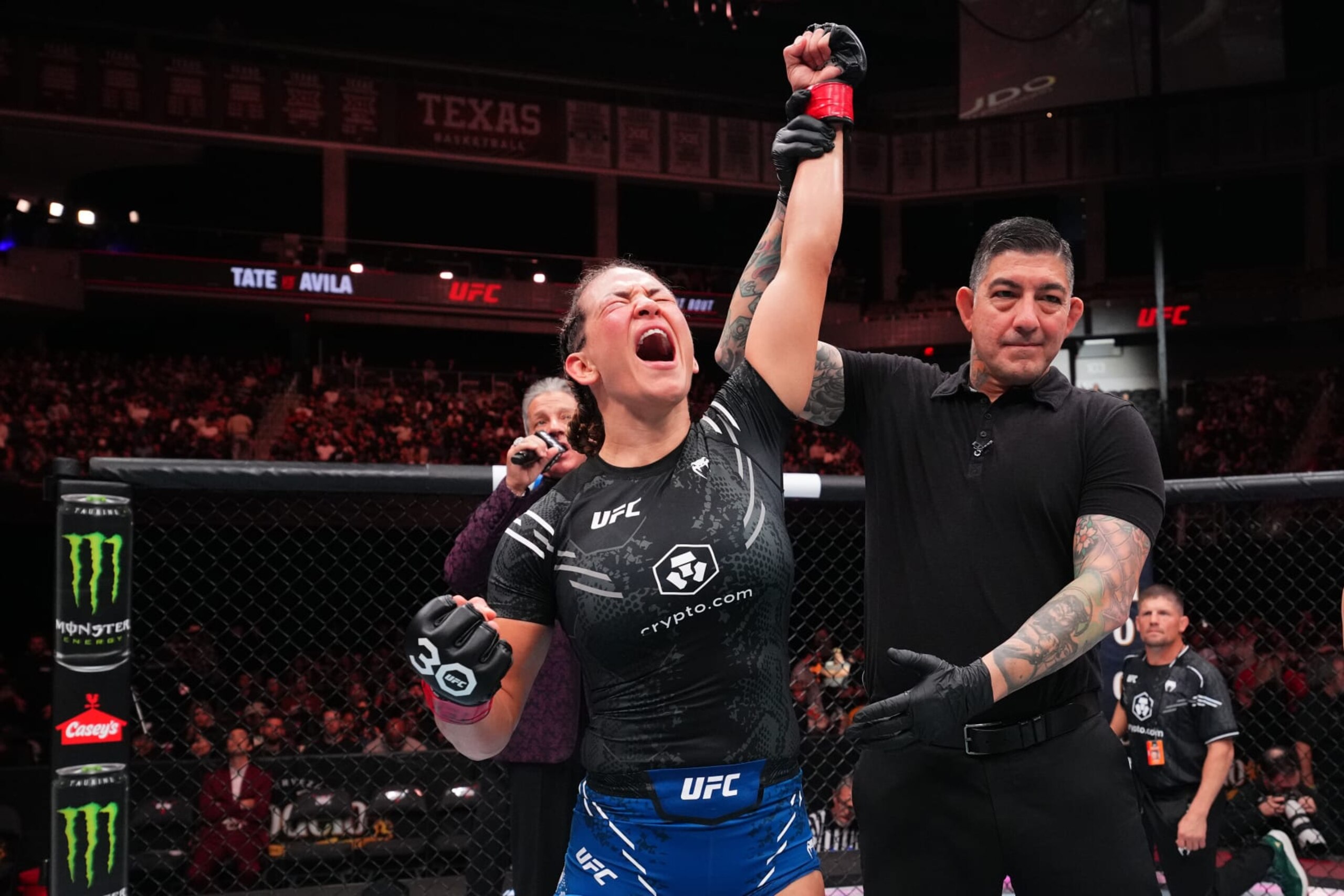 AUSTIN, TEXAS - DECEMBER 02: Miesha Tate reacts after her submission victory over Julia Avila in a bantamweight fight during the UFC Fight Night event at Moody Center on December 02, 2023 in Austin, Texas. (Photo by Josh Hedges/Zuffa LLC via Getty Images) AUSTIN, TEXAS - DECEMBER 02: Miesha Tate reacts after her submission victory over Julia Avila in a bantamweight fight during the UFC Fight Night event at Moody Center on December 02, 2023 in Austin, Texas. (Photo by Josh Hedges/Zuffa LLC via Getty Images)