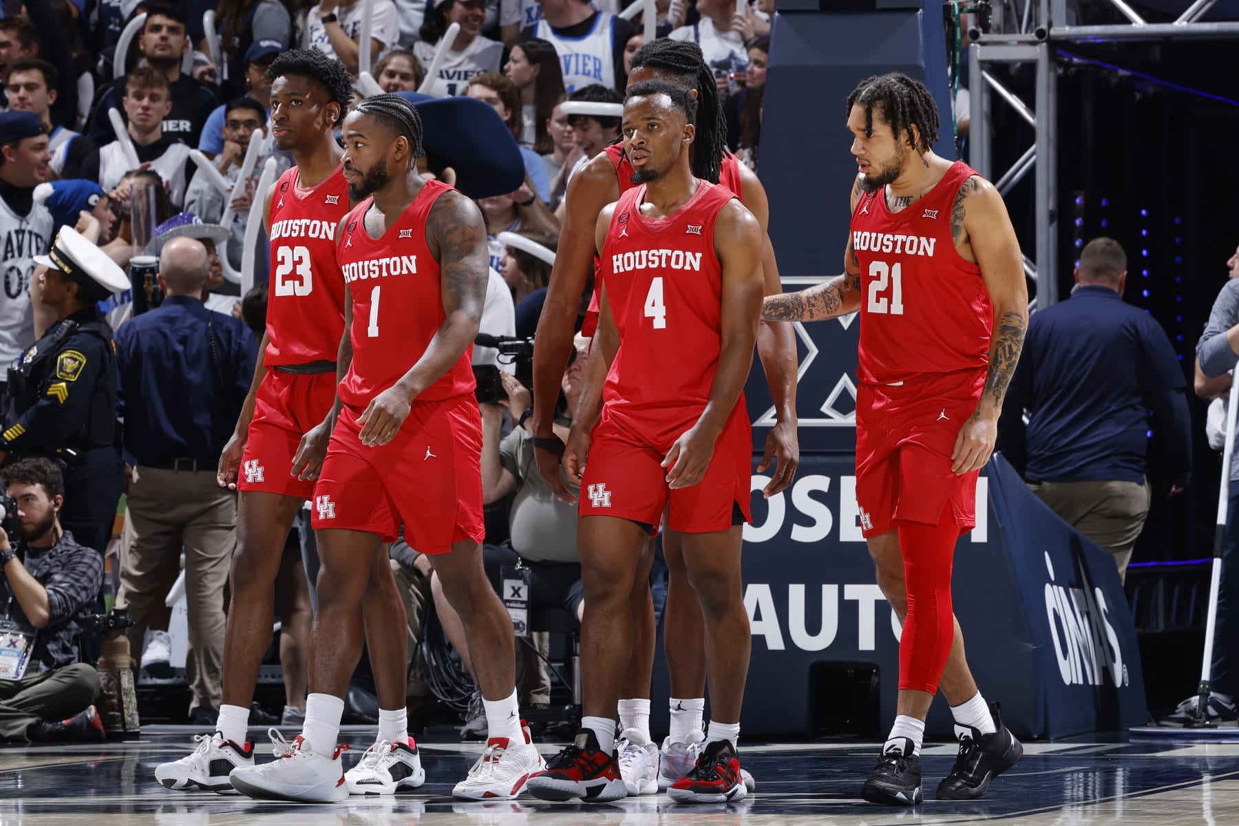 CINCINNATI, OH - DECEMBER 01: Houston Cougars guard Terrance Arceneaux (23), guard Jamal Shead (1), guard LJ Cryer (4) and guard Emanuel Sharp (21) take the floor during a college basketball game against the Xavier Musketeers on Dec. 1, 2023 at Cintas Center in Cincinnati, Ohio. (Photo by Joe Robbins/Icon Sportswire via Getty Images)