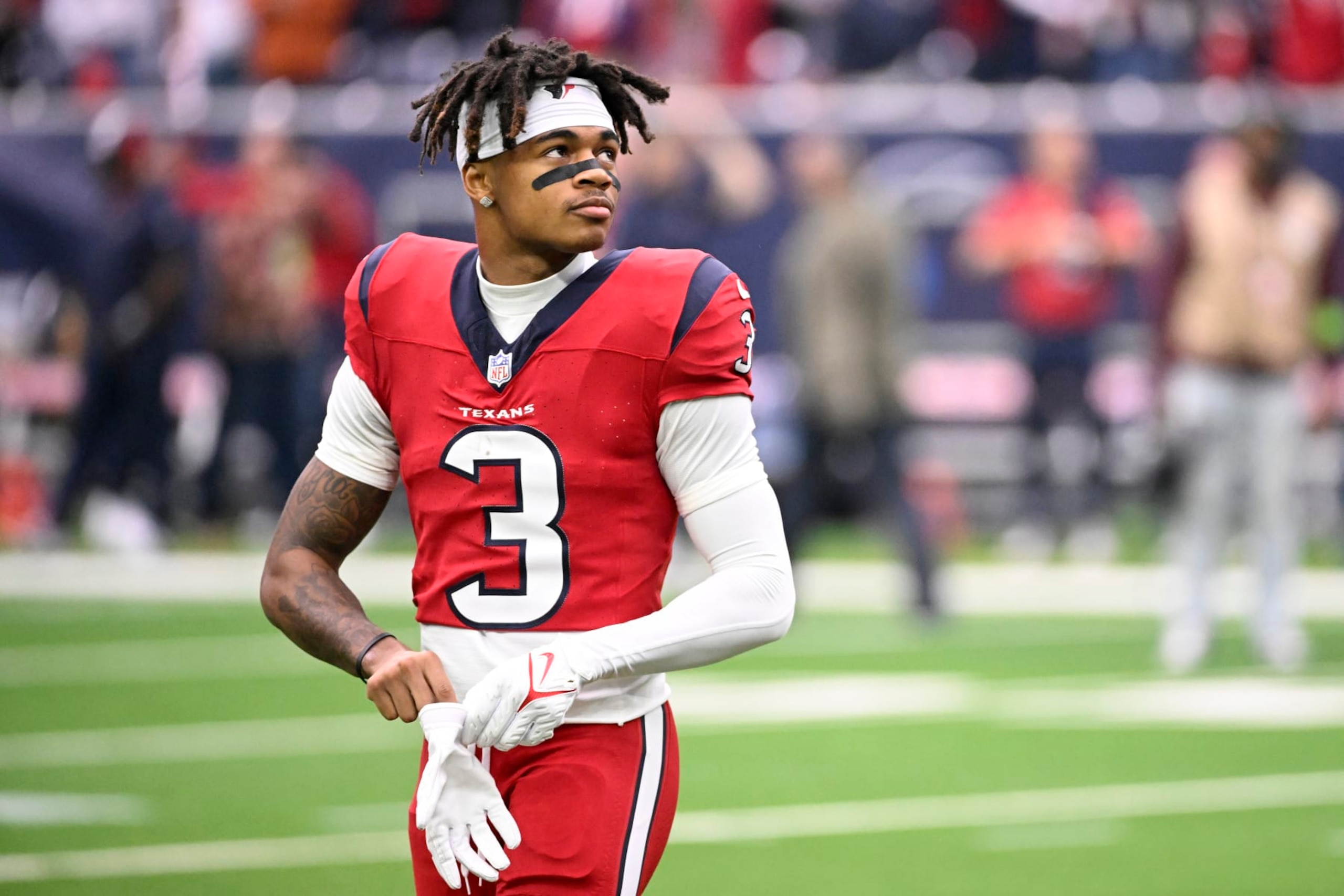 HOUSTON, TEXAS - NOVEMBER 26: Tank Dell #3 of the Houston Texans looks on prior to a game against the Jacksonville Jaguars at NRG Stadium on November 26, 2023 in Houston, Texas. (Photo by Logan Riely/Getty Images)