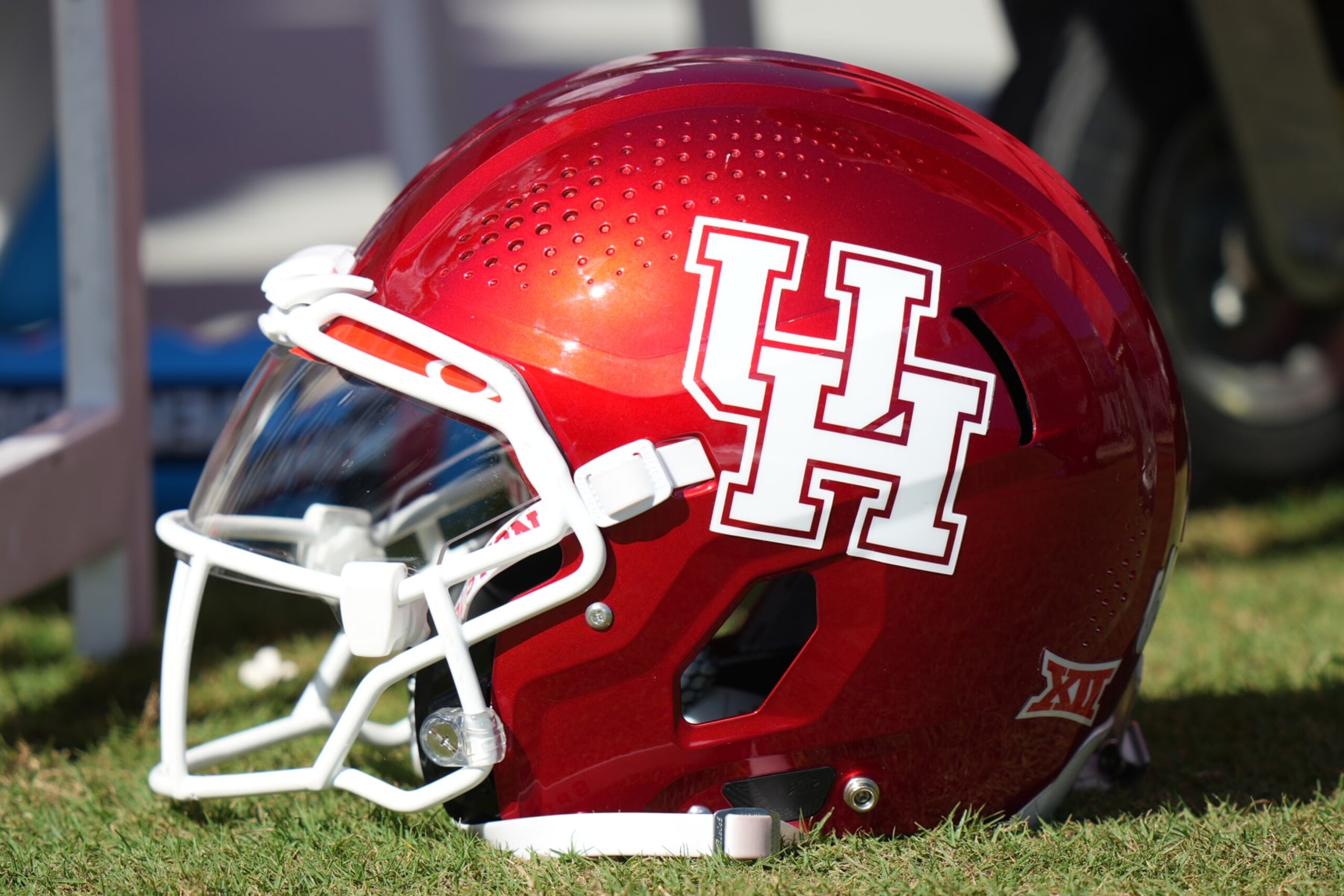 ORLANDO, FL - NOVEMBER 25: a Houston Cougars helmet rests near the sidelines during the game between the Houston Cougars and the Central Florida (UCF) Knights on Saturday, November 25, 2023 at FBC Mortgage Stadium, Orlando, Fla. (Photo by Peter Joneleit/Icon Sportswire via Getty Images)
