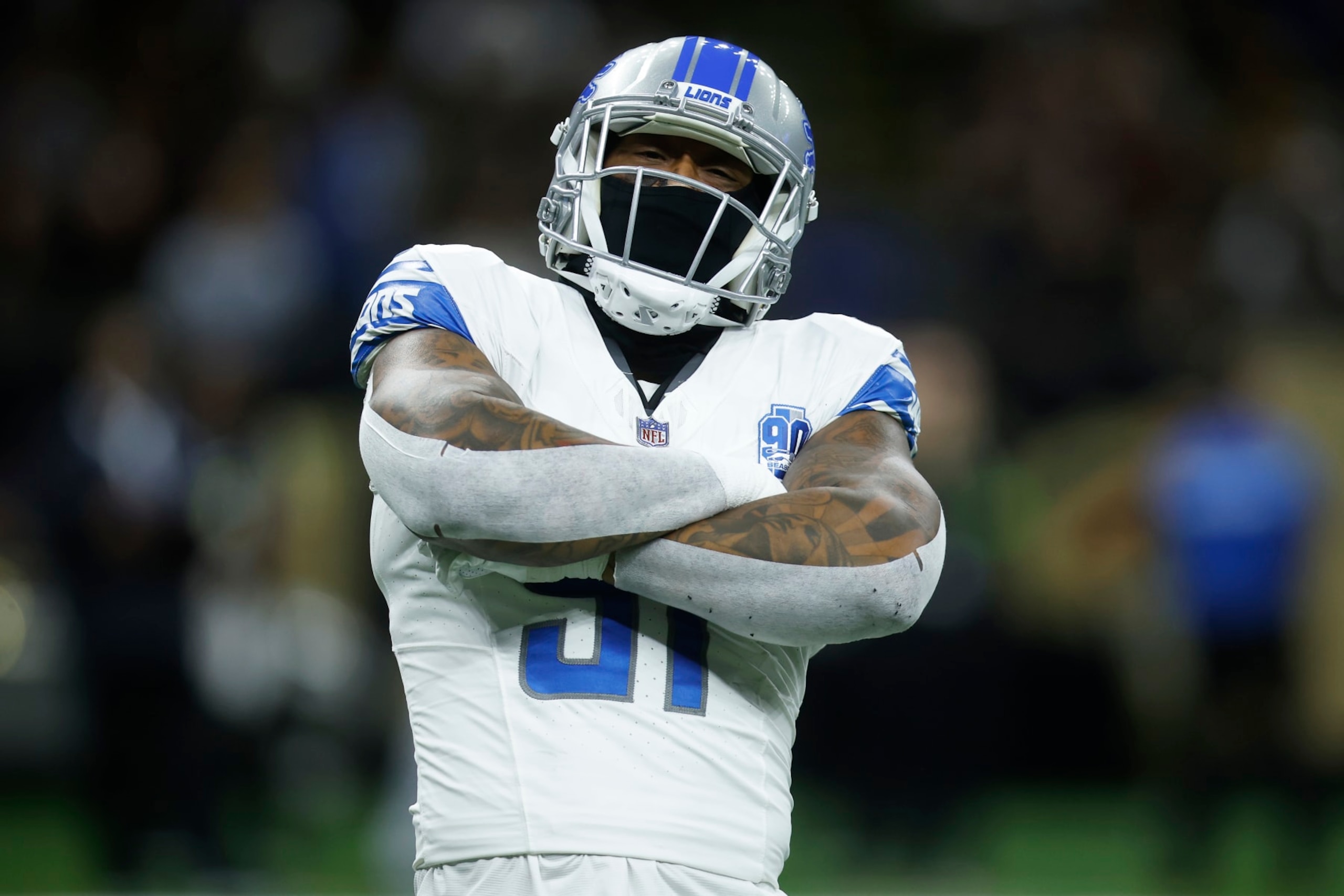 NEW ORLEANS, LOUISIANA - DECEMBER 03: Bruce Irvin #51 of the Detroit Lions celebrates in the first quarter against the New Orleans Saints at the Caesars Superdome on December 03, 2023 in New Orleans, Louisiana. (Photo by Chris Graythen/Getty Images)