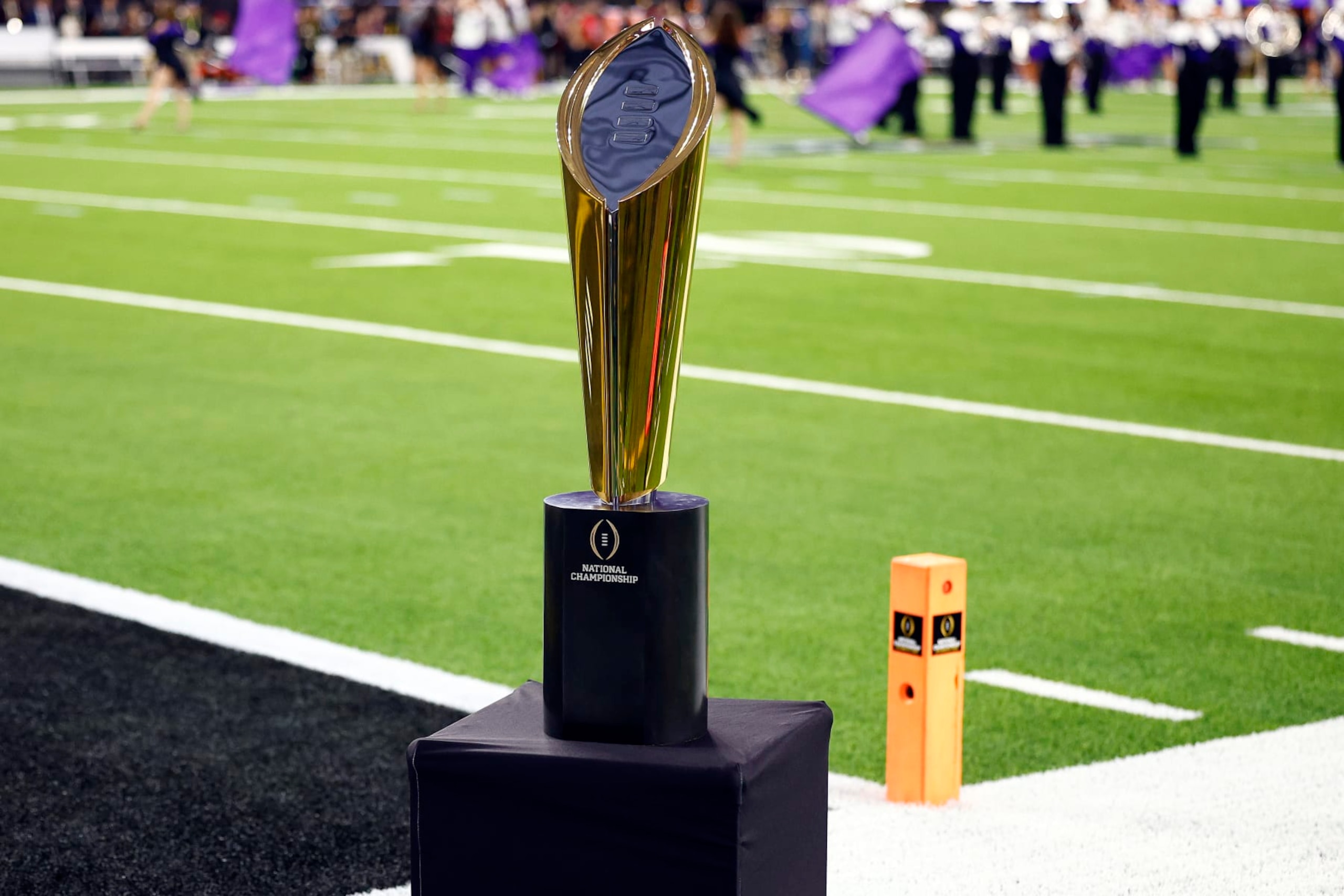 INGLEWOOD, CALIFORNIA - JANUARY 09: The College Football Playoff National Championship trophy is displayed on the field before the College Football Playoff National Championship game between the Georgia Bulldogs and the TCU Horned Frogs at SoFi Stadium on January 09, 2023 in Inglewood, California. (Photo by Ronald Martinez/Getty Images)