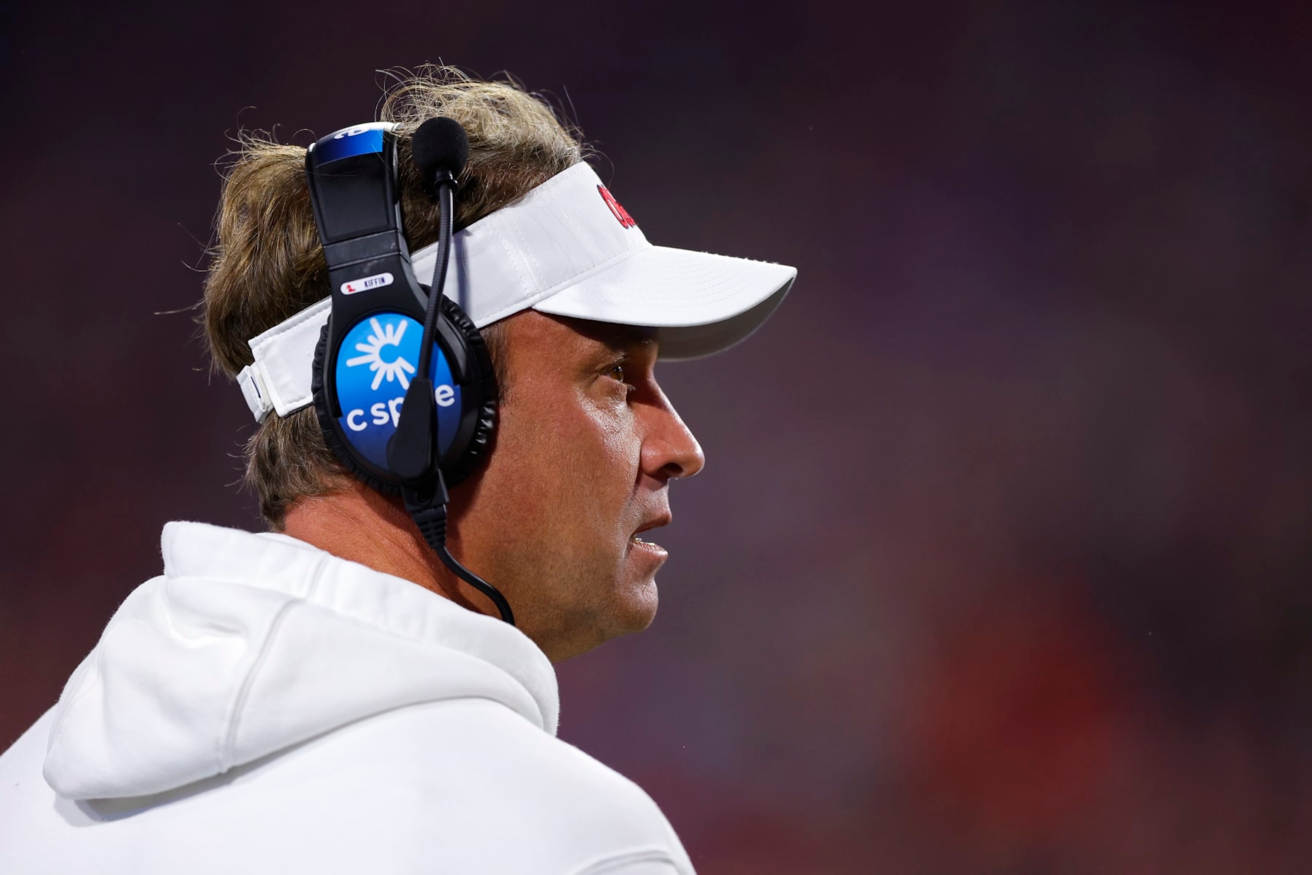 ATHENS, GEORGIA - NOVEMBER 11: Head coach Lane Kiffin of the Mississippi Rebels looks on during the first half against the Georgia Bulldogs at Sanford Stadium on November 11, 2023 in Athens, Georgia. (Photo by Todd Kirkland/Getty Images)