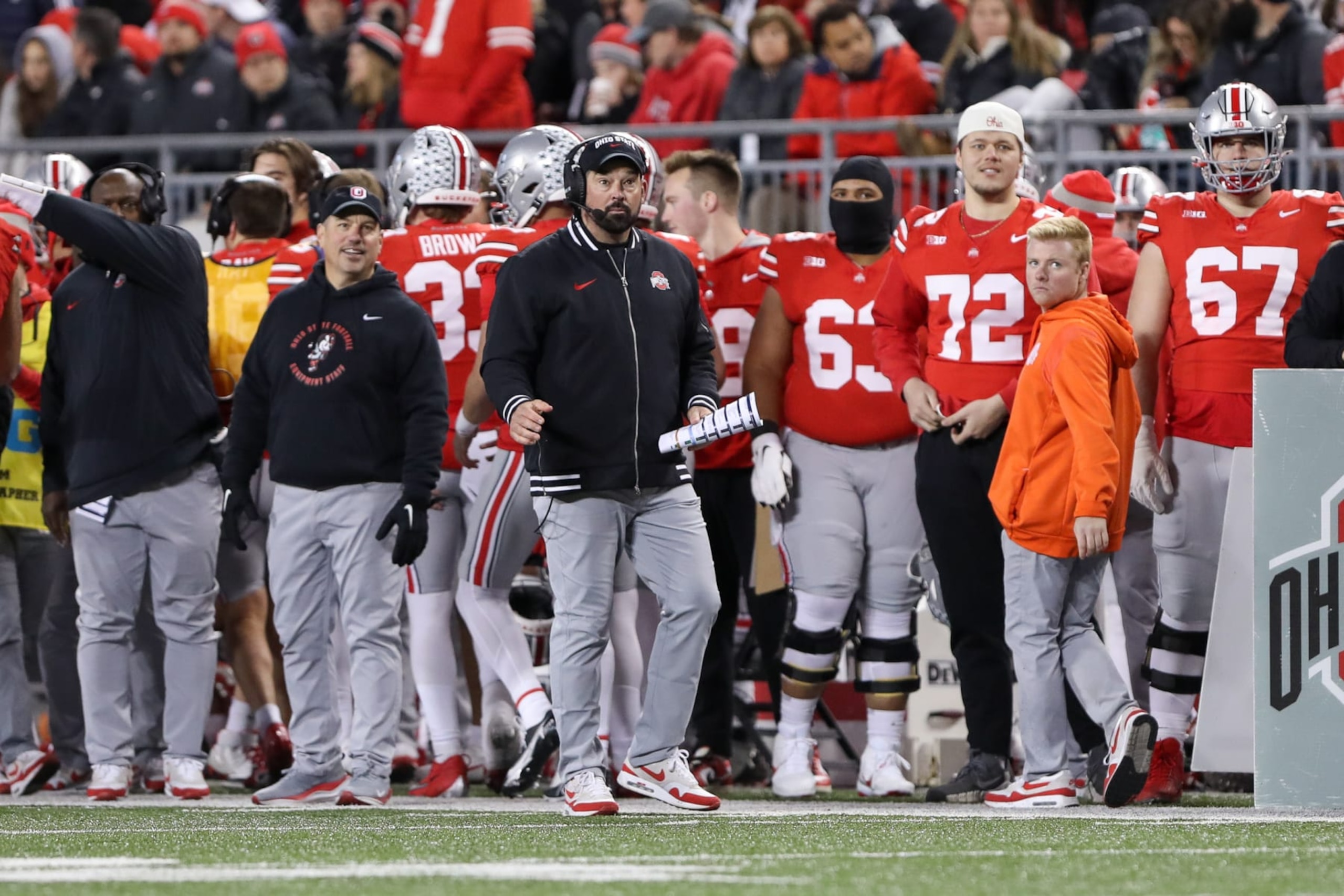 COLUMBUS, OH - NOVEMBER 18: Ohio State Buckeyes head coach Ryan Day during the game against the Minnesota Gophers and the Ohio State Buckeyes on November 18, 2023, at Ohio Stadium in Columbus, OH. (Photo by Ian Johnson/Icon Sportswire via Getty Images)