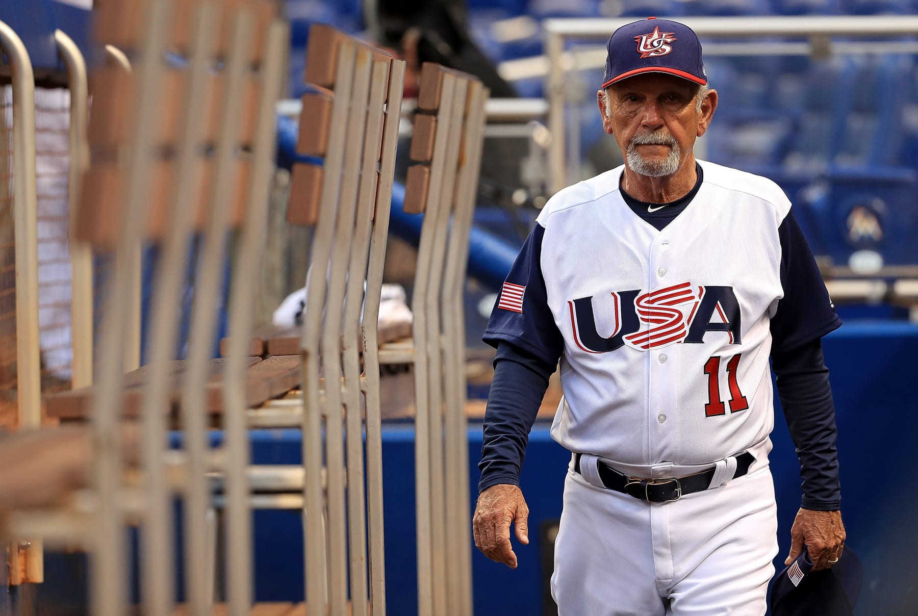 MIAMI, FL - MARCH 10:  Manager Jim Leyland #11 of the United States looks on during a Pool C game of the 2017 World Baseball Classic against Comubia at Miami Marlins Stadium on March 10, 2017 in Miami, Florida.  (Photo by Mike Ehrmann/Getty Images)