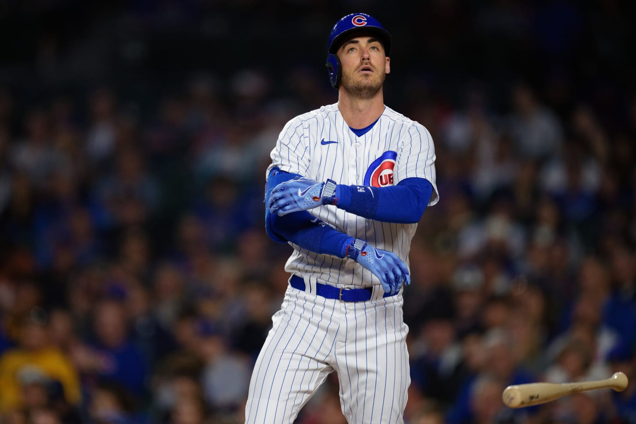 CHICAGO, IL - SEPTEMBER 21: Cody Bellinger #24 of the Chicago Cubs removes his pads after drawing a walk against the Pittsburgh Pirates at Wrigley Field on September 21, 2023 in Chicago, Illinois. (Photo by Jamie Sabau/Getty Images) CHICAGO, IL - SEPTEMBER 21: Cody Bellinger #24 of the Chicago Cubs removes his pads after drawing a walk against the Pittsburgh Pirates at Wrigley Field on September 21, 2023 in Chicago, Illinois. (Photo by Jamie Sabau/Getty Images)