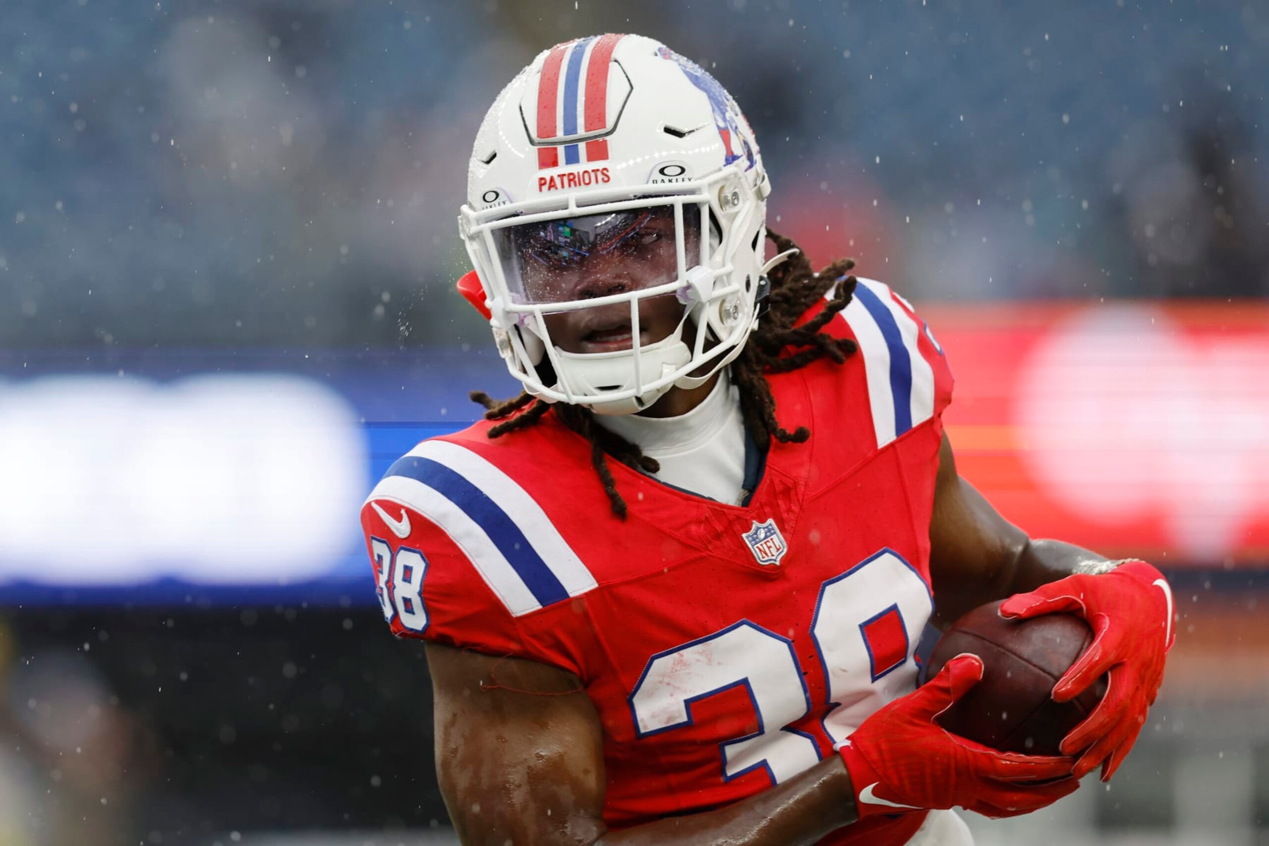 New England Patriots running back Rhamondre Stevenson (38) prior to an NFL football game, Sunday, Dec. 3, 2023, in Foxborough, Mass. (AP Photo/Michael Dwyer)