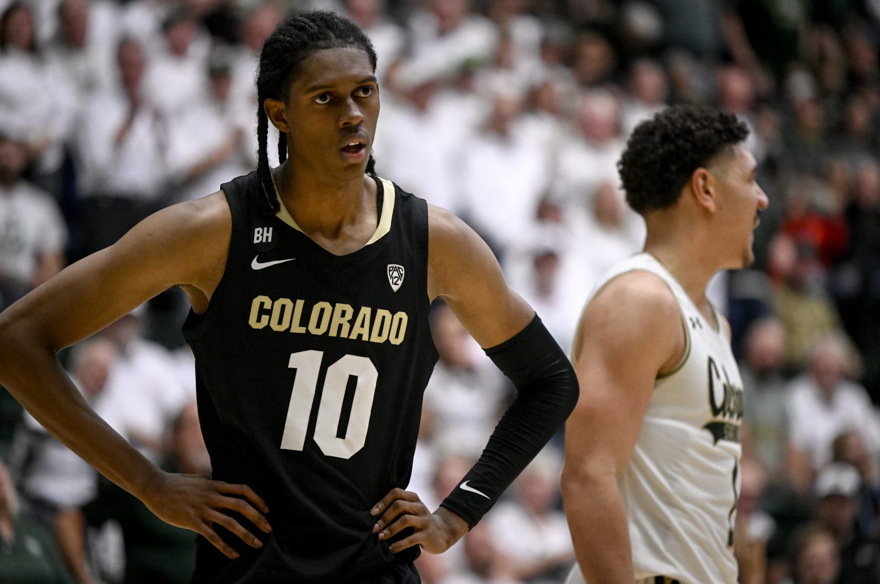 FORT COLLINS, CO - NOVEMBER 29: Cody Williams (10) of the Colorado Buffaloes reacts as the Colorado State Rams secure the game during the second half of CSU's 88-83 win at Moby Arena in Fort Collins on Wednesday, November 29, 2023. (Photo by AAron Ontiveroz/The Denver Post)