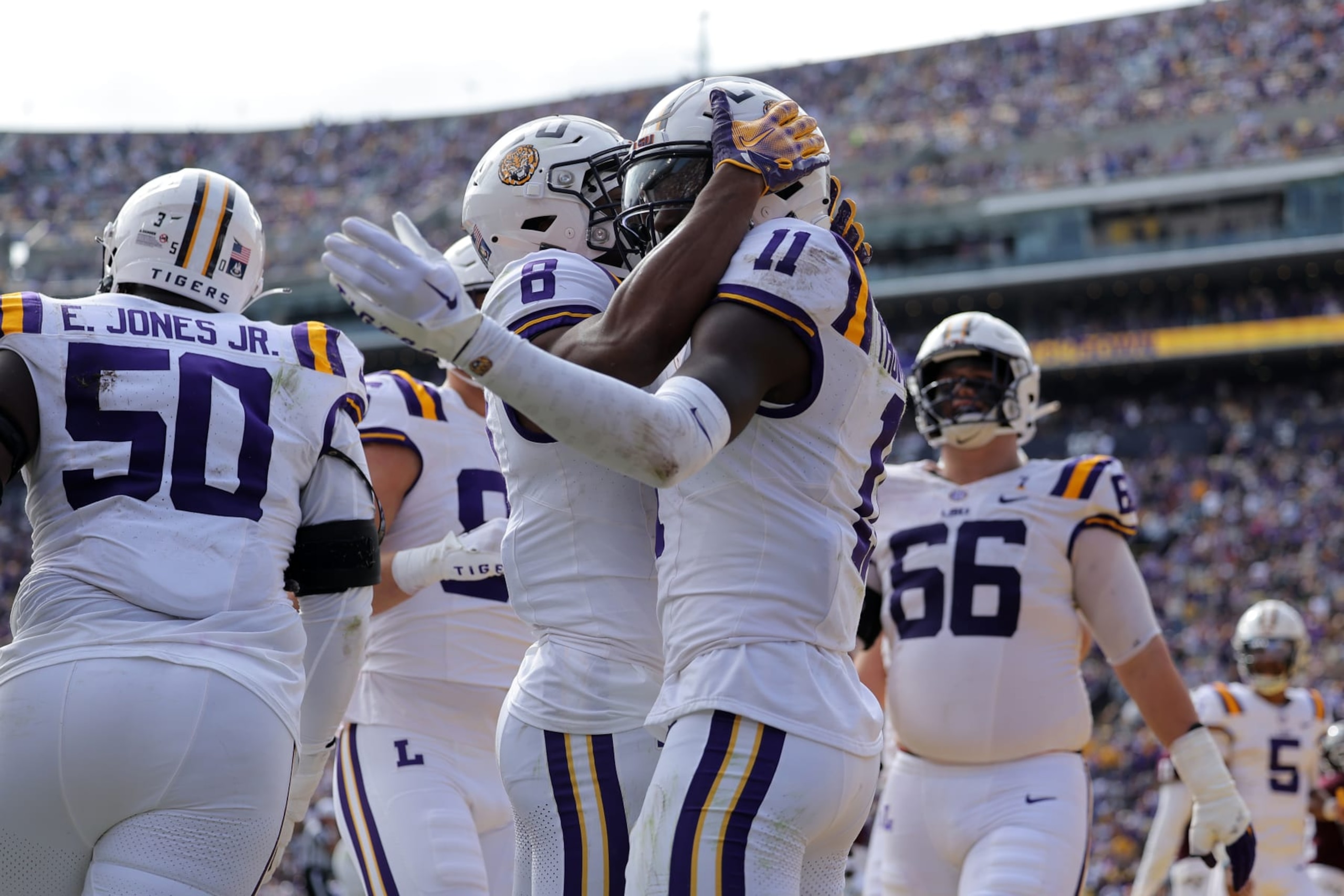 BATON ROUGE, LOUISIANA - NOVEMBER 25: Malik Nabers #8 of the LSU Tigers celebrates a touchdown against the Texas A&M Aggies during a game at Tiger Stadium on November 25, 2023 in Baton Rouge, Louisiana. (Photo by Jonathan Bachman/Getty Images)