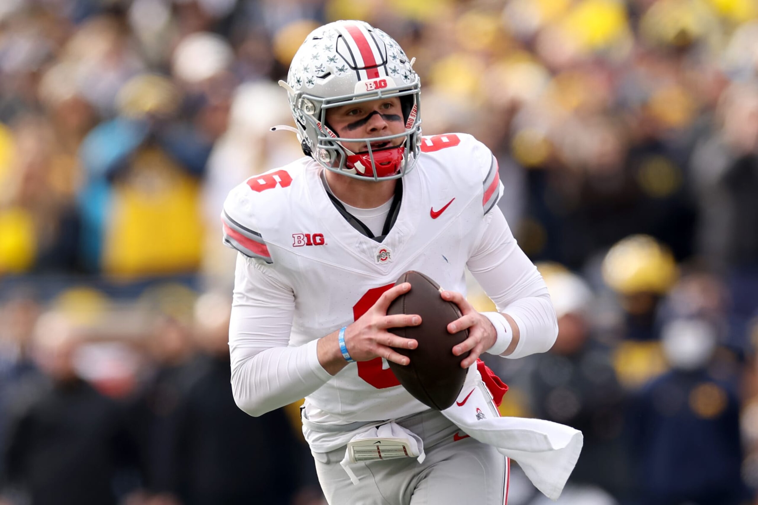 ANN ARBOR, MICHIGAN - NOVEMBER 25: Kyle McCord #6 of the Ohio State Buckeyes looks to pass against the Michigan Wolverines during the first quarter in the game at Michigan Stadium on November 25, 2023 in Ann Arbor, Michigan. (Photo by Ezra Shaw/Getty Images)