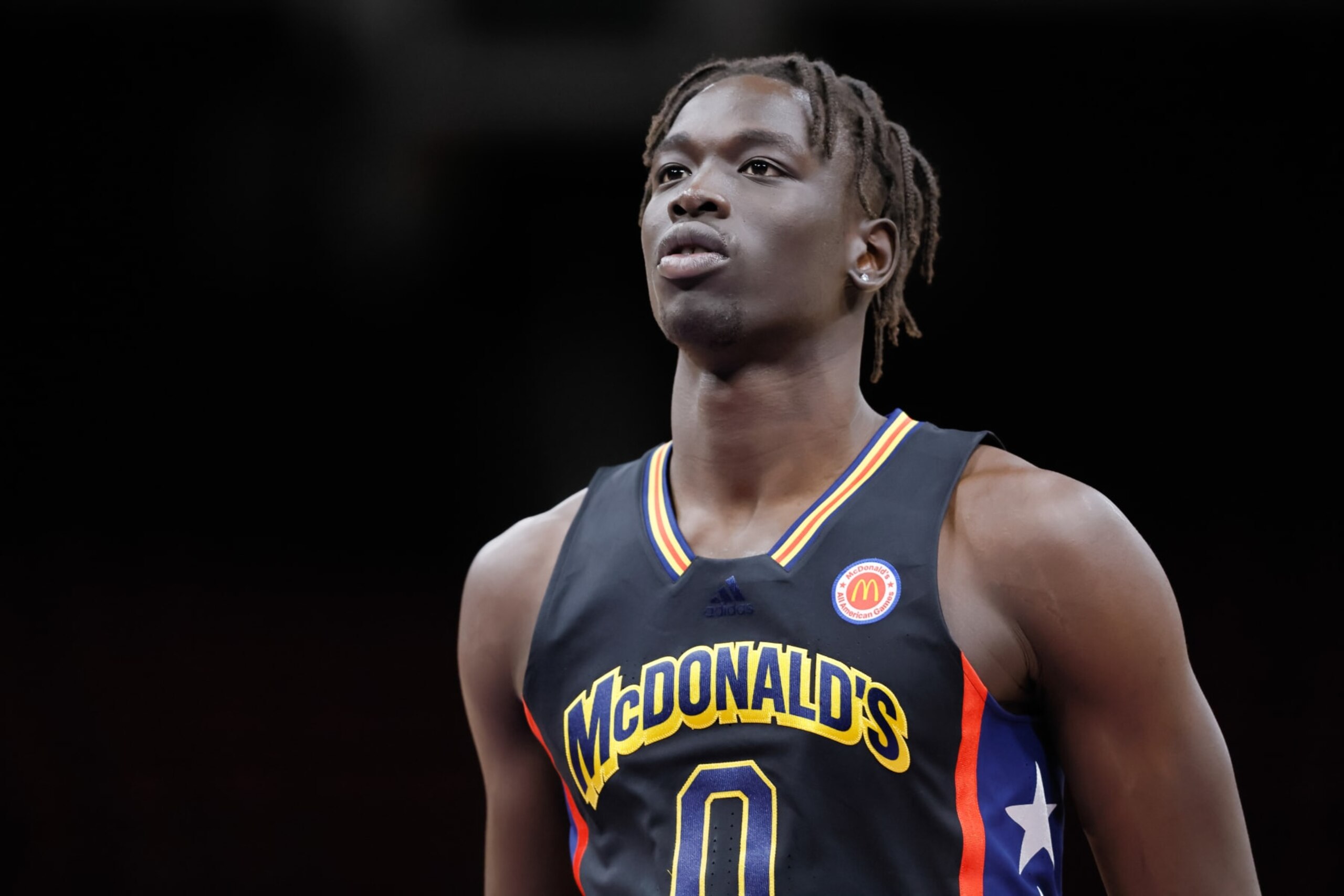 HOUSTON, TX - MARCH 28: Omaha Biliew #0 of McDonald's All American Boys West is seen before the McDonalds All American Basketball Games at Toyota Center on March 28, 2023 in Houston, Texas. (Photo by Michael Hickey/Getty Images)