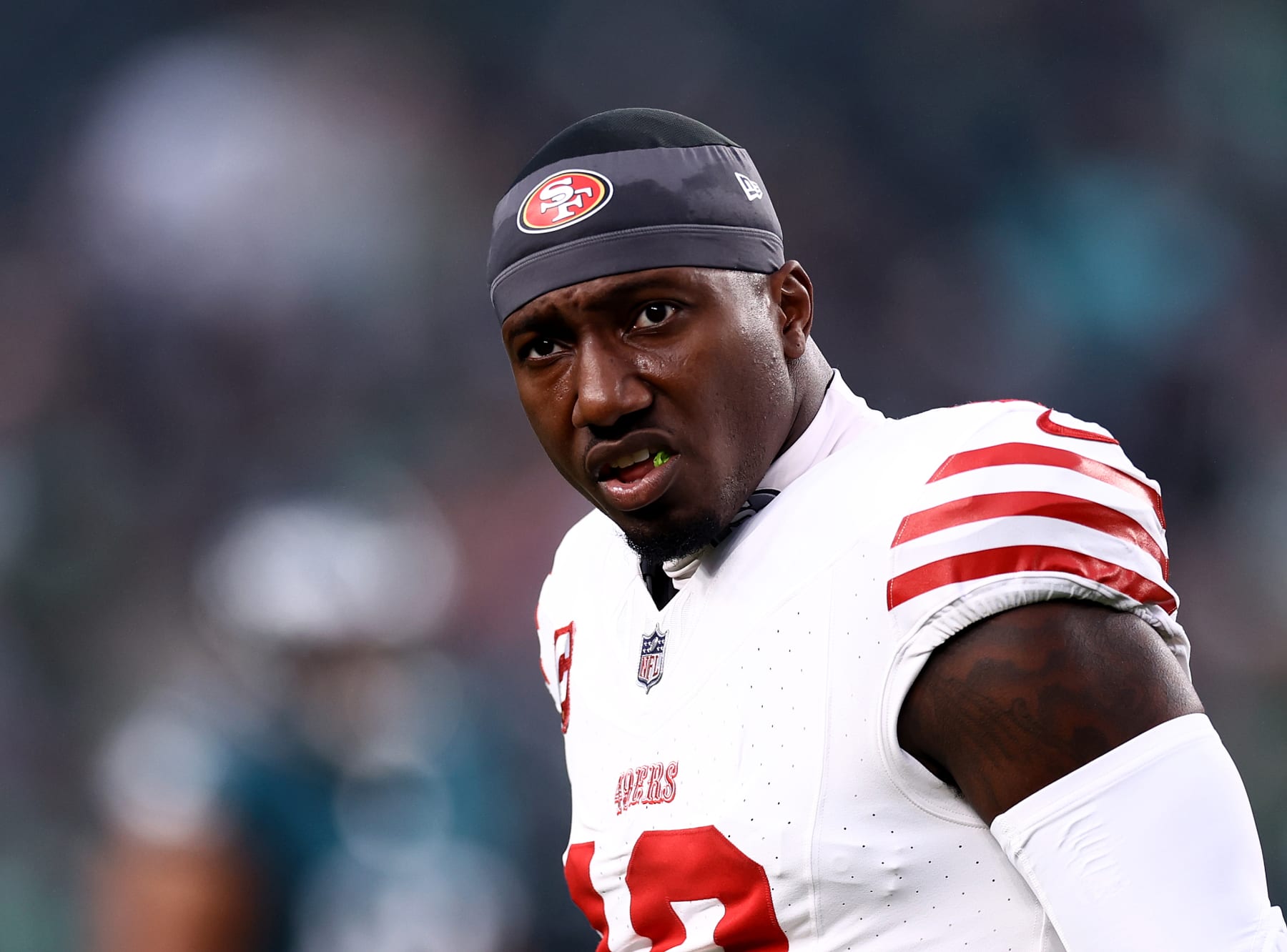 PHILADELPHIA, PENNSYLVANIA - DECEMBER 03: Deebo Samuel #19 of the San Francisco 49ers warms up prior to the game against the Philadelphia Eagles at Lincoln Financial Field on December 03, 2023 in Philadelphia, Pennsylvania. (Photo by Tim Nwachukwu/Getty Images)