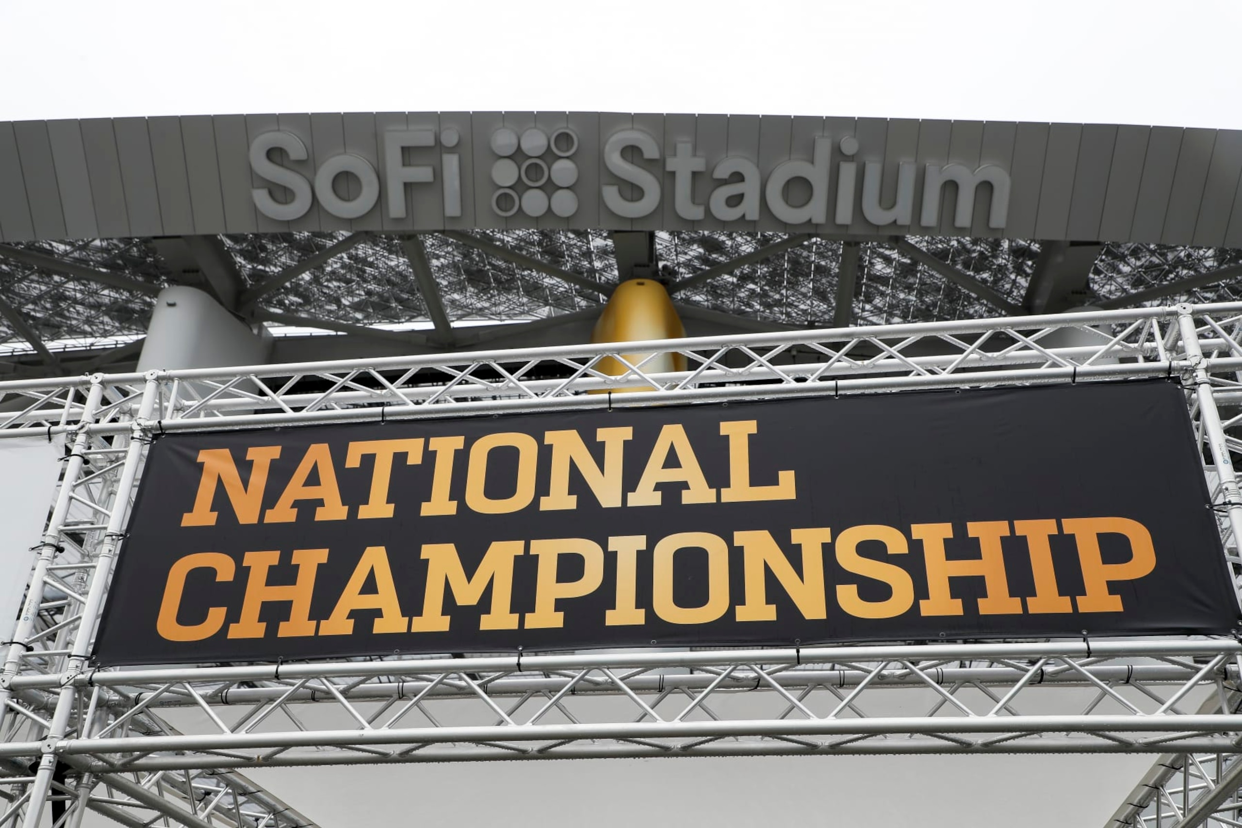 INGLEWOOD, CA - JANUARY 04: The College Football Playoff National Championship event logo is displayed during the week leading up to CFP National Championship game between the TCU Horned Frogs and the Georgia Bulldogs on January 04, 2023, at SoFi Stadium in Inglewood, CA. (Photo by Brandon Sloter/Icon Sportswire via Getty Images)
