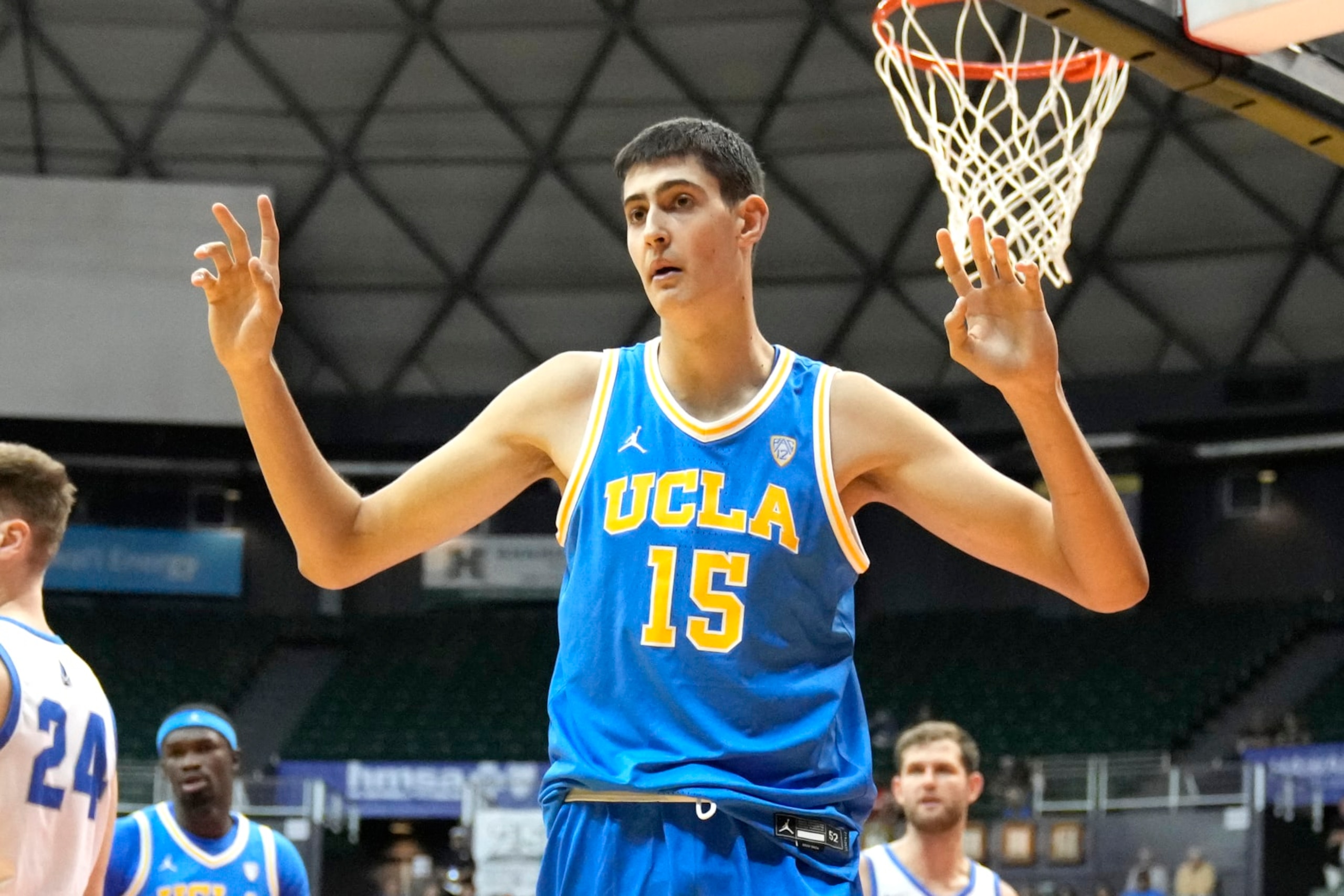 HONOLULU, HI - NOVEMBER 21:  Aday Mara #15 of the UCLA Bruins looks on during a college basketball game against the Chaminade Silverswords on day two of the Allstate Maui Invitational at the SimpliFi Arena at Stan Sheriff Center on November 21, 2023 in Honolulu, Hawaii.  (Photo by Mitchell Layton/Getty Images)